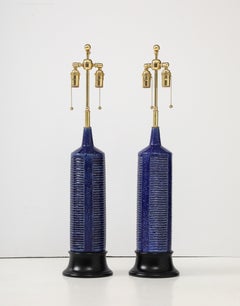 Pair of 1960's Italian Ceramic Lamps With A Cobalt Blue Glaze.