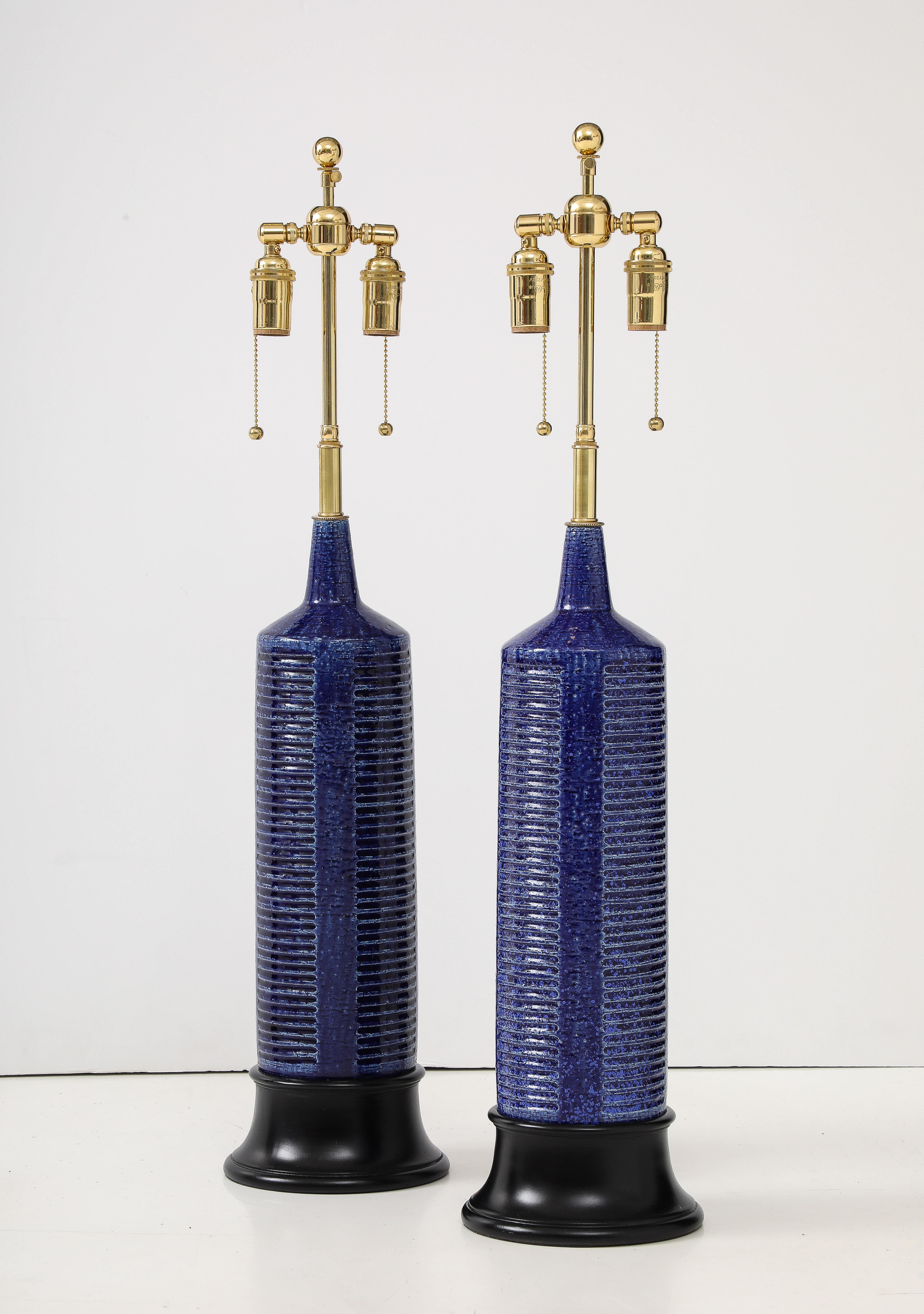 Mid-Century Modern Pair of 1960's Italian Ceramic Lamps With A Cobalt Blue Glaze. For Sale