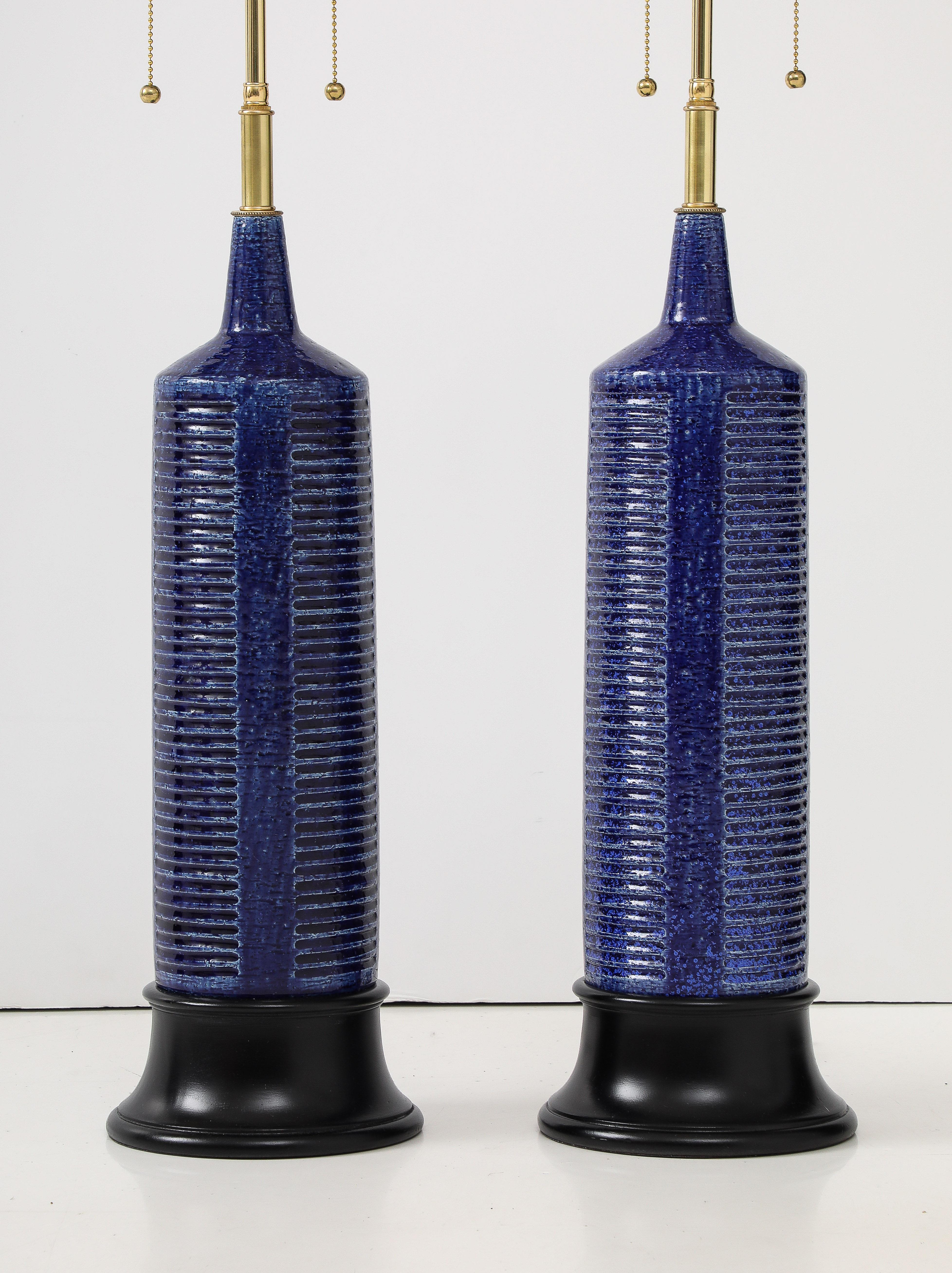 Mid-20th Century Pair of 1960's Italian Ceramic Lamps With A Cobalt Blue Glaze. For Sale
