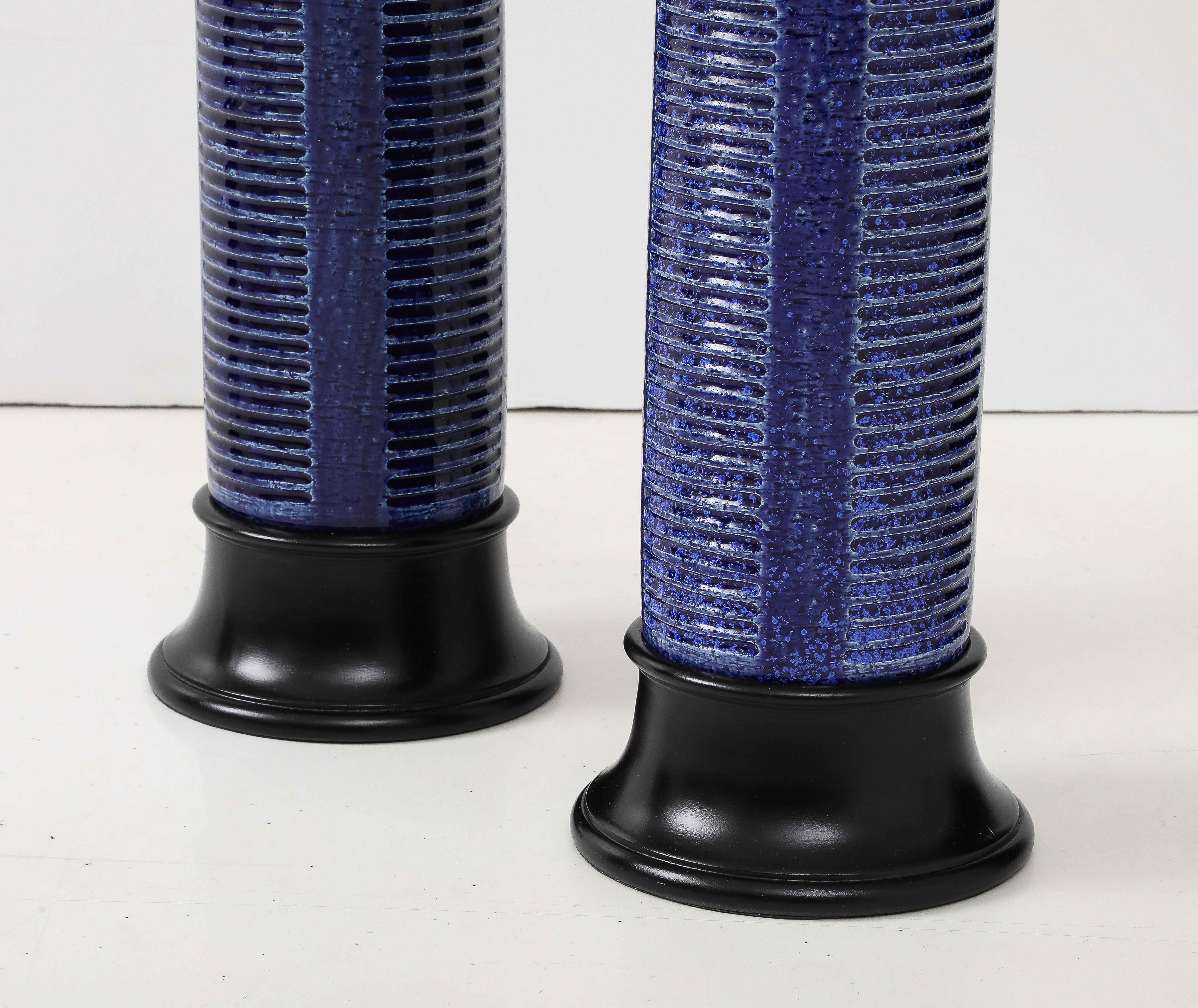 Brass Pair of 1960's Italian Ceramic Lamps With A Cobalt Blue Glaze. For Sale