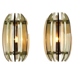 Pair of 1960s Italian Chrome and Dark and Pale Green Glass Wall Lights by Veca