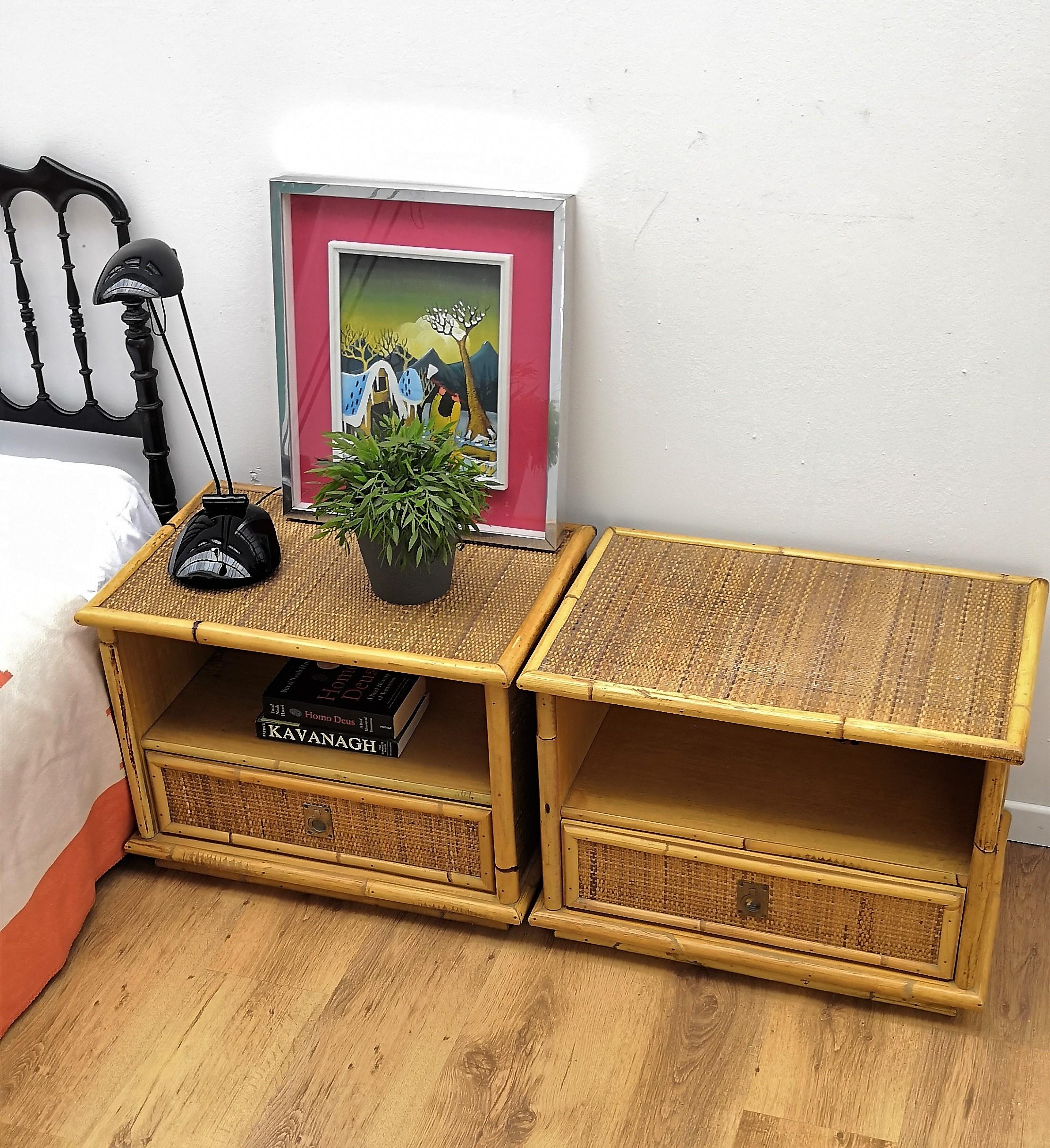 Pair of 1960s Italian Dal Vera Bamboo Rattan Brass French Riviera Nightstands 1