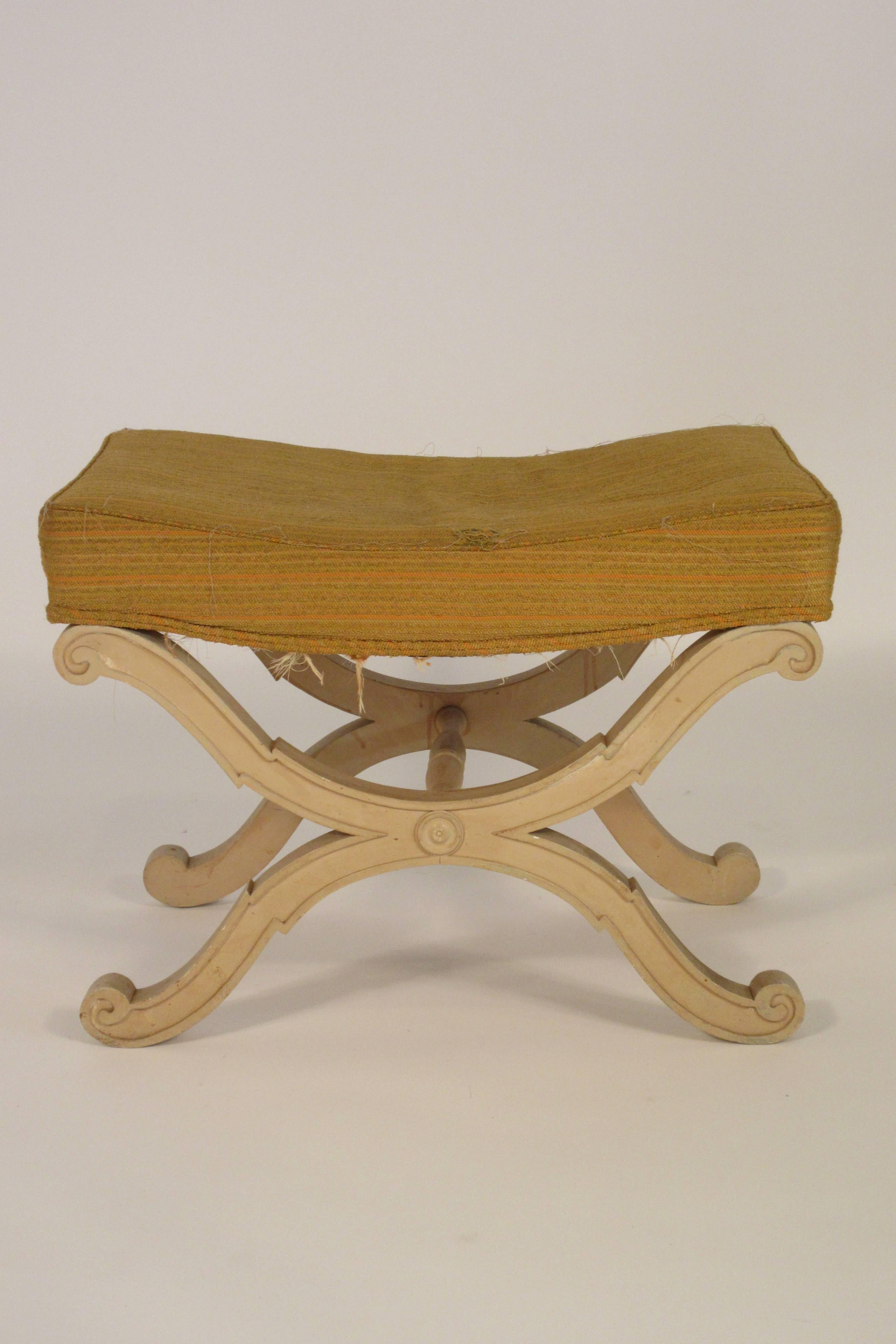 Pair of 1960s Italian decorative wood footstools. Needs reupholstering.