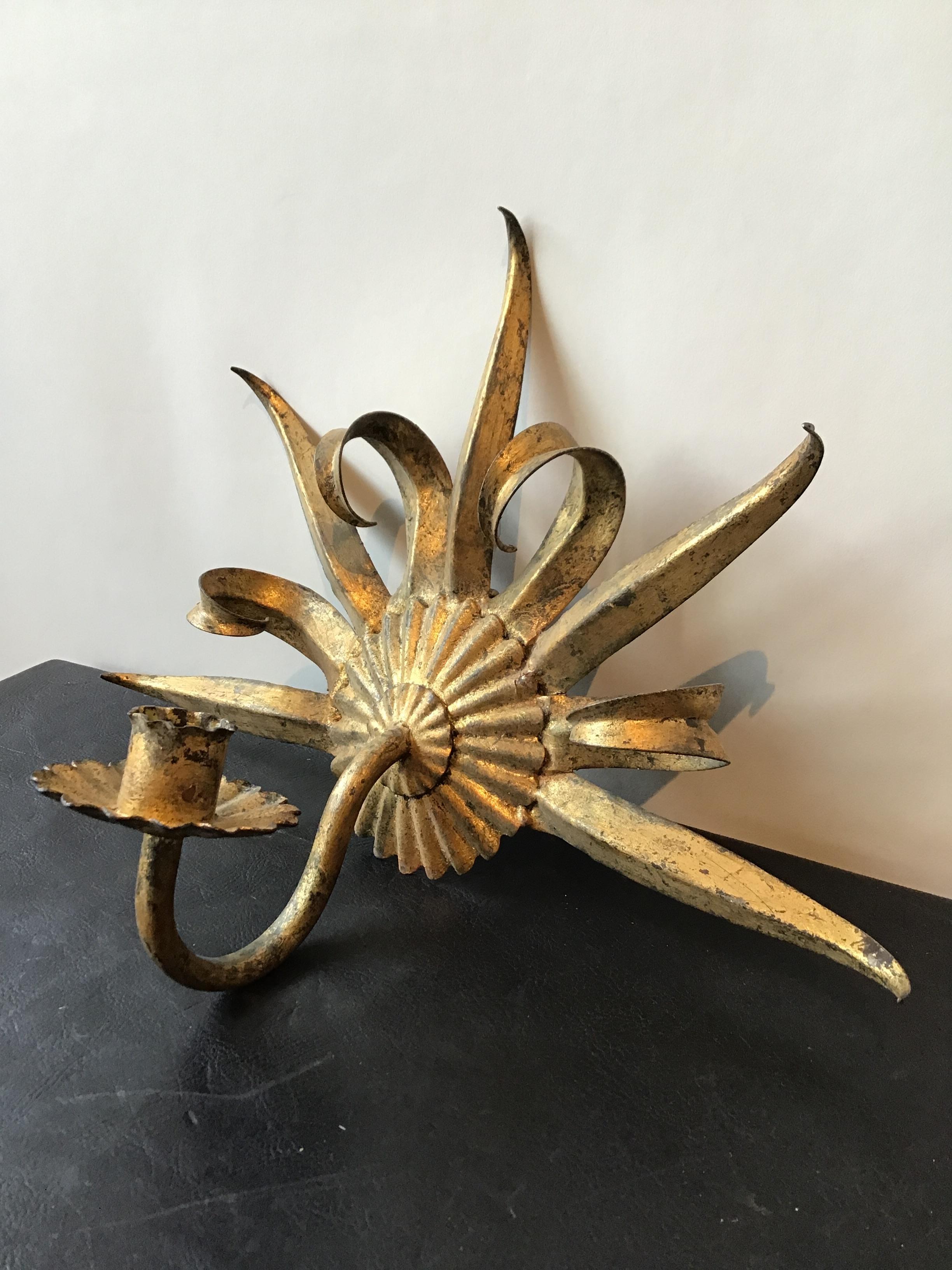 Mid-20th Century Pair of 1960s Italian Gilt Iron Sunburst Sconces