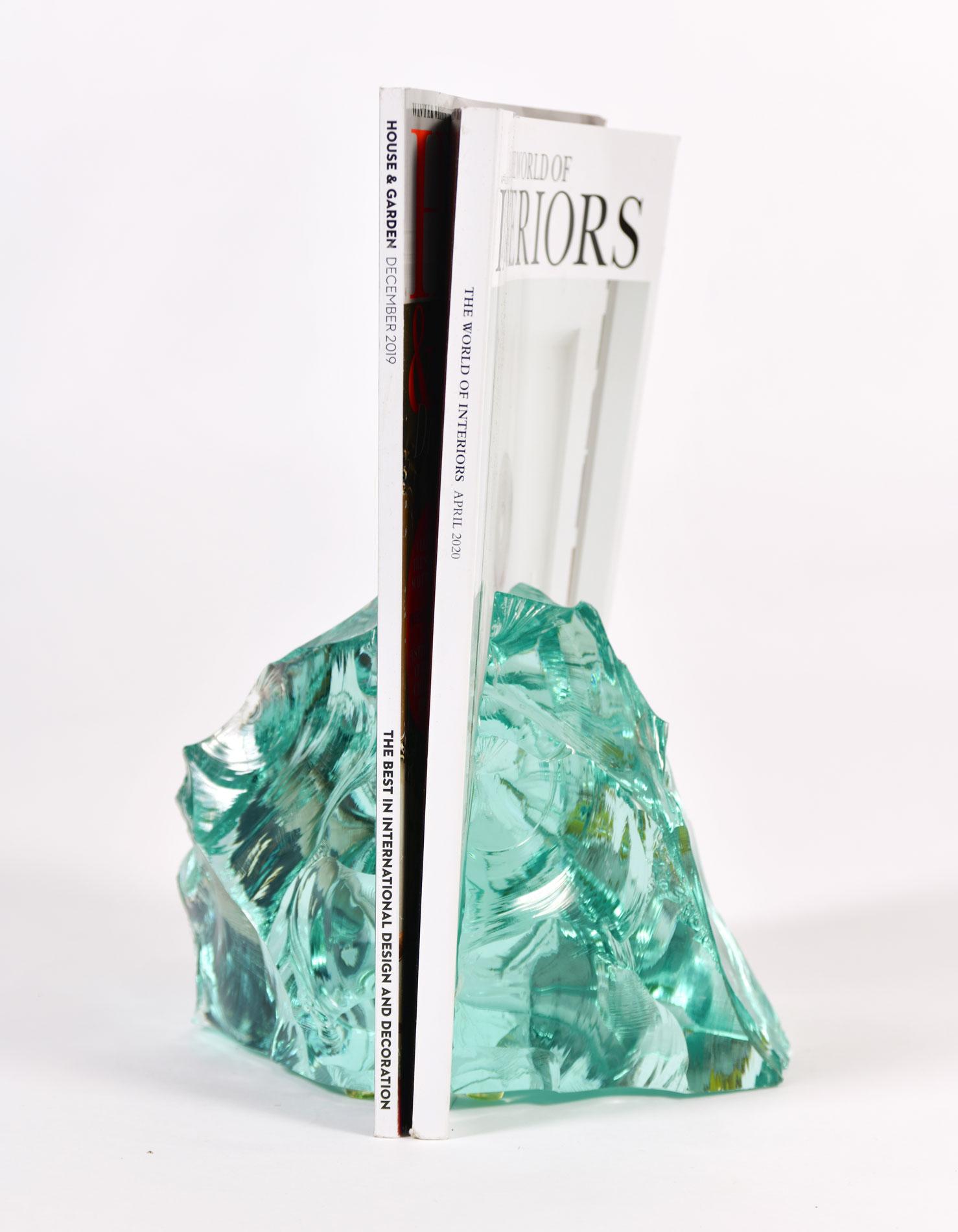 Heavy green chiselled glass bookends in a wonderful shade of eau de nil.