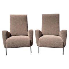 Pair of 1960s Italian High-Back Armchairs in Textured Brown Bouclé Upholstery