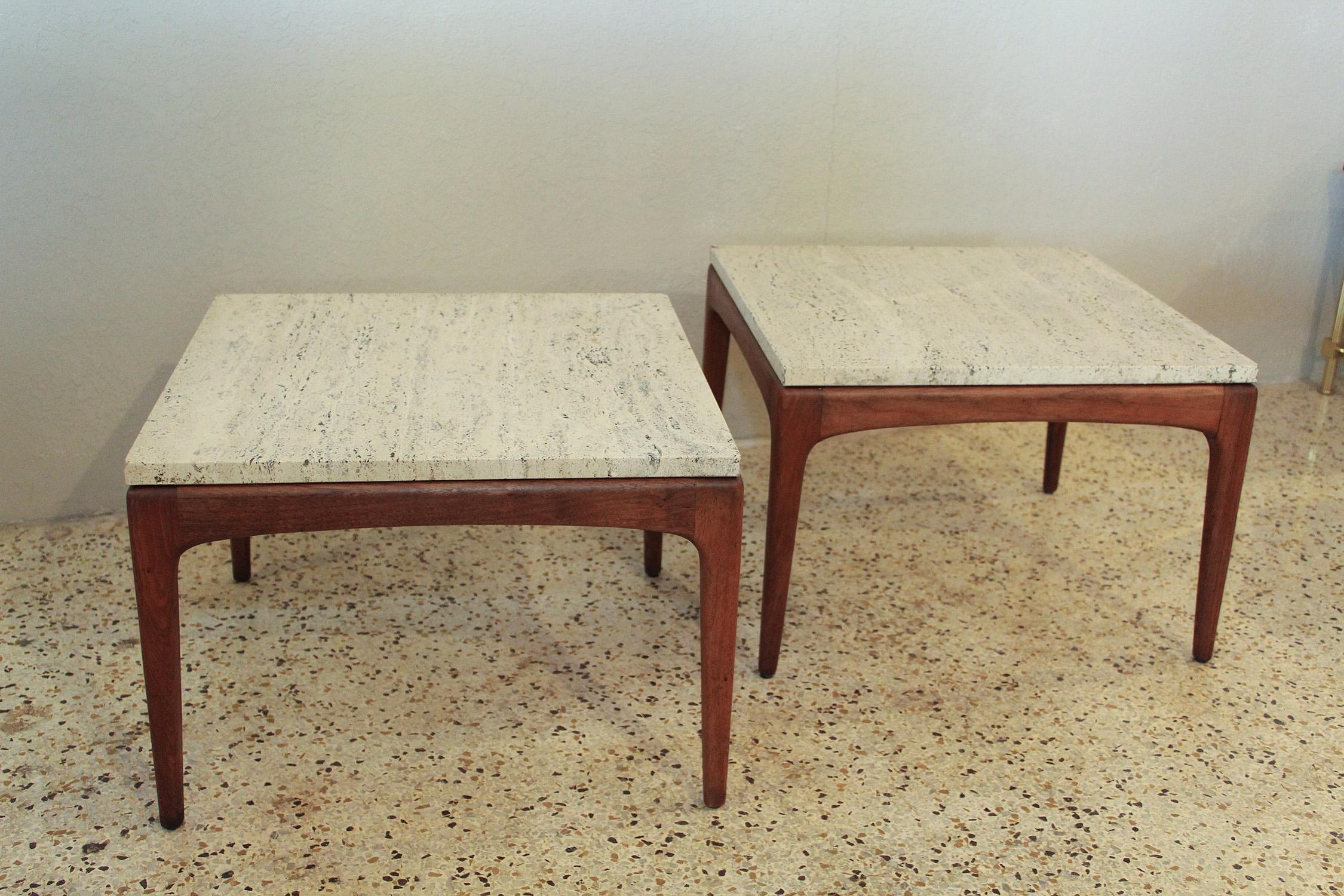 Refined simplicity define this clean-lined pair of 1960s Mid-Century Modern Italian teak side tables with original travertine tops.