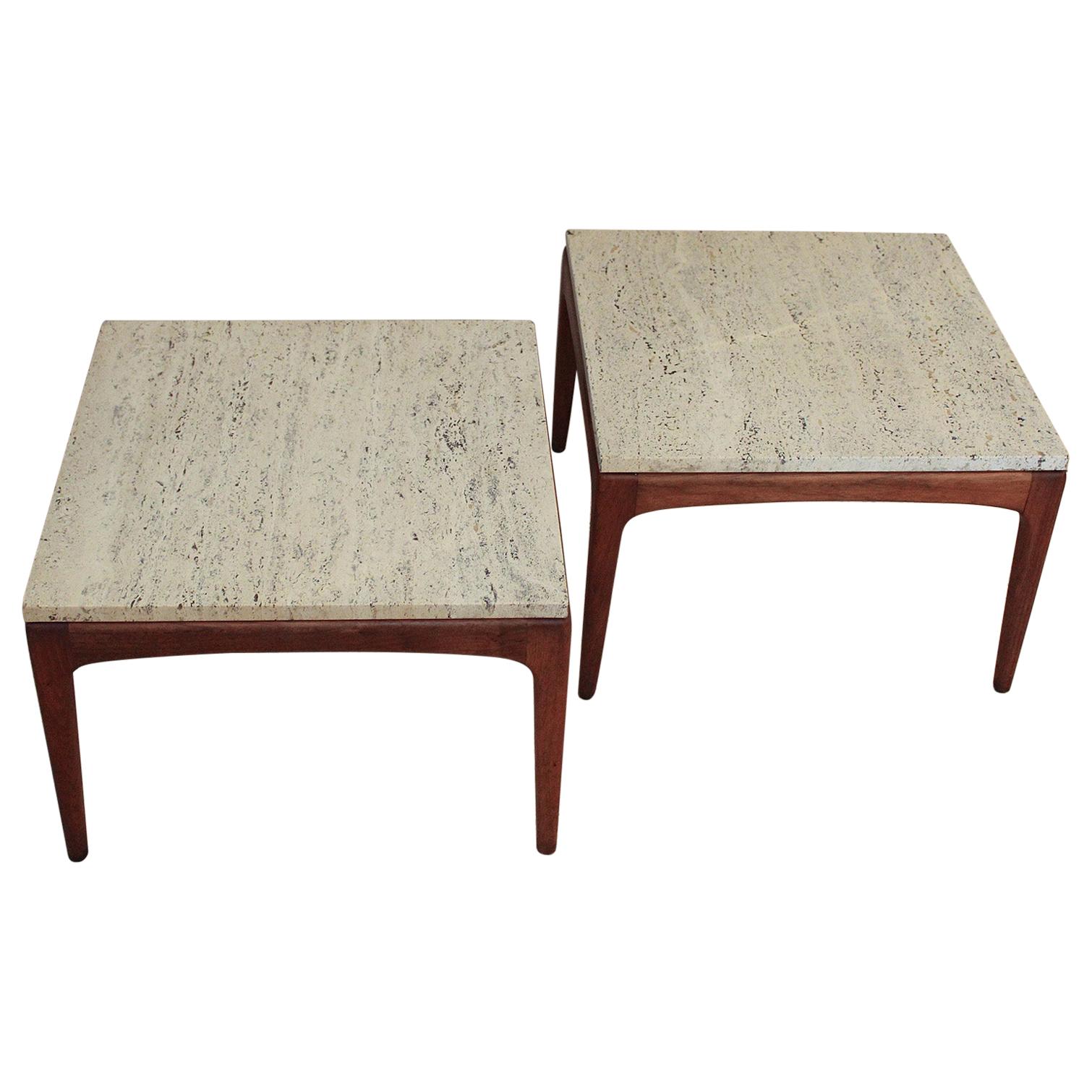 Pair of 1960s Italian Mid-Century Modern Teak and Travertine Side Tables