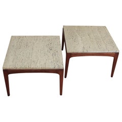 Pair of 1960s Italian Mid-Century Modern Teak and Travertine Side Tables