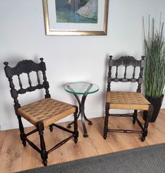 Pair of 1960s Italian Midcentury Carved Wood and Cord Woven Rope Chairs Stools