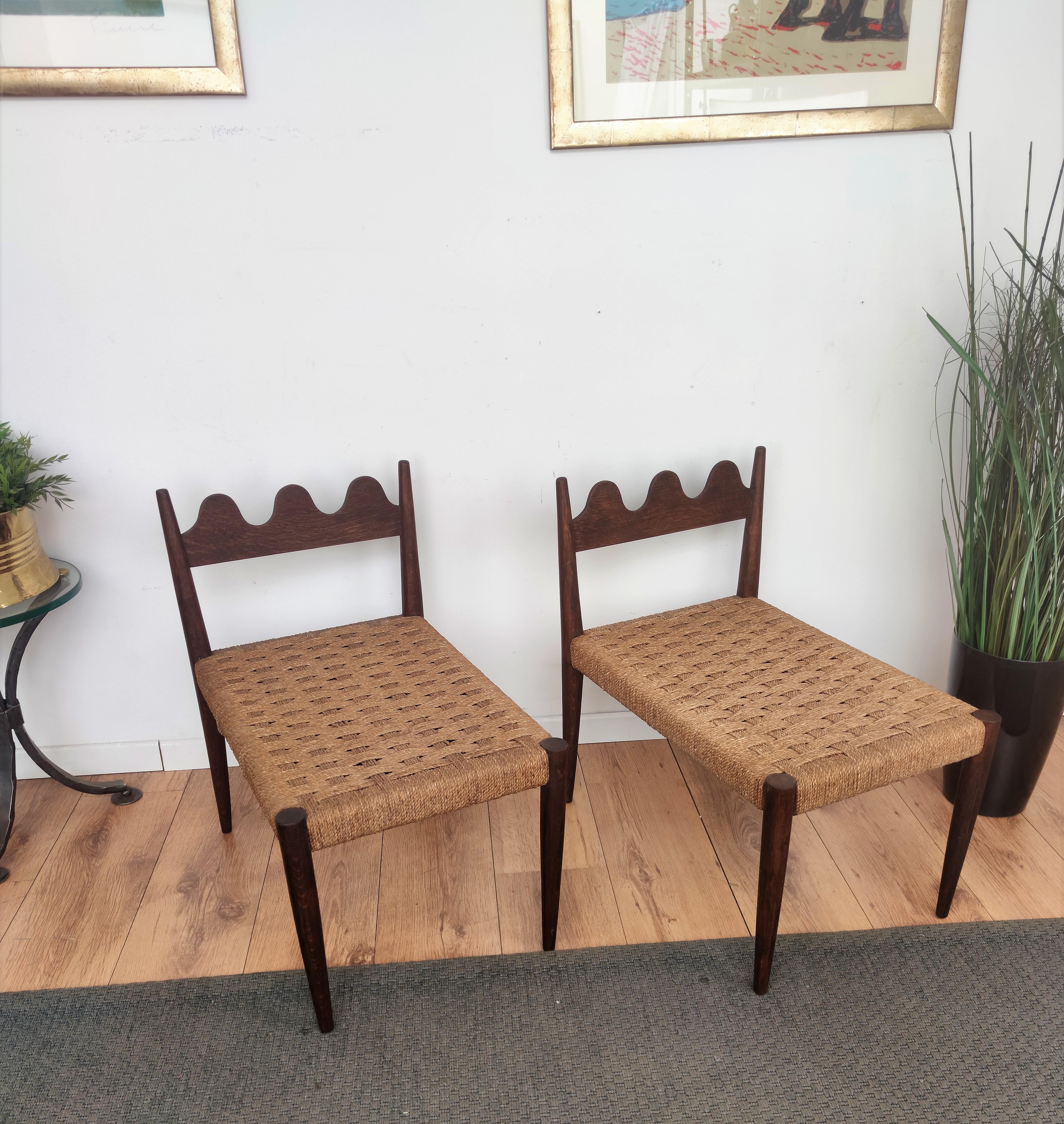 Mid-Century Modern Pair of 1960s Italian Midcentury Carved Wood and Cord Woven Rope Chairs Stools