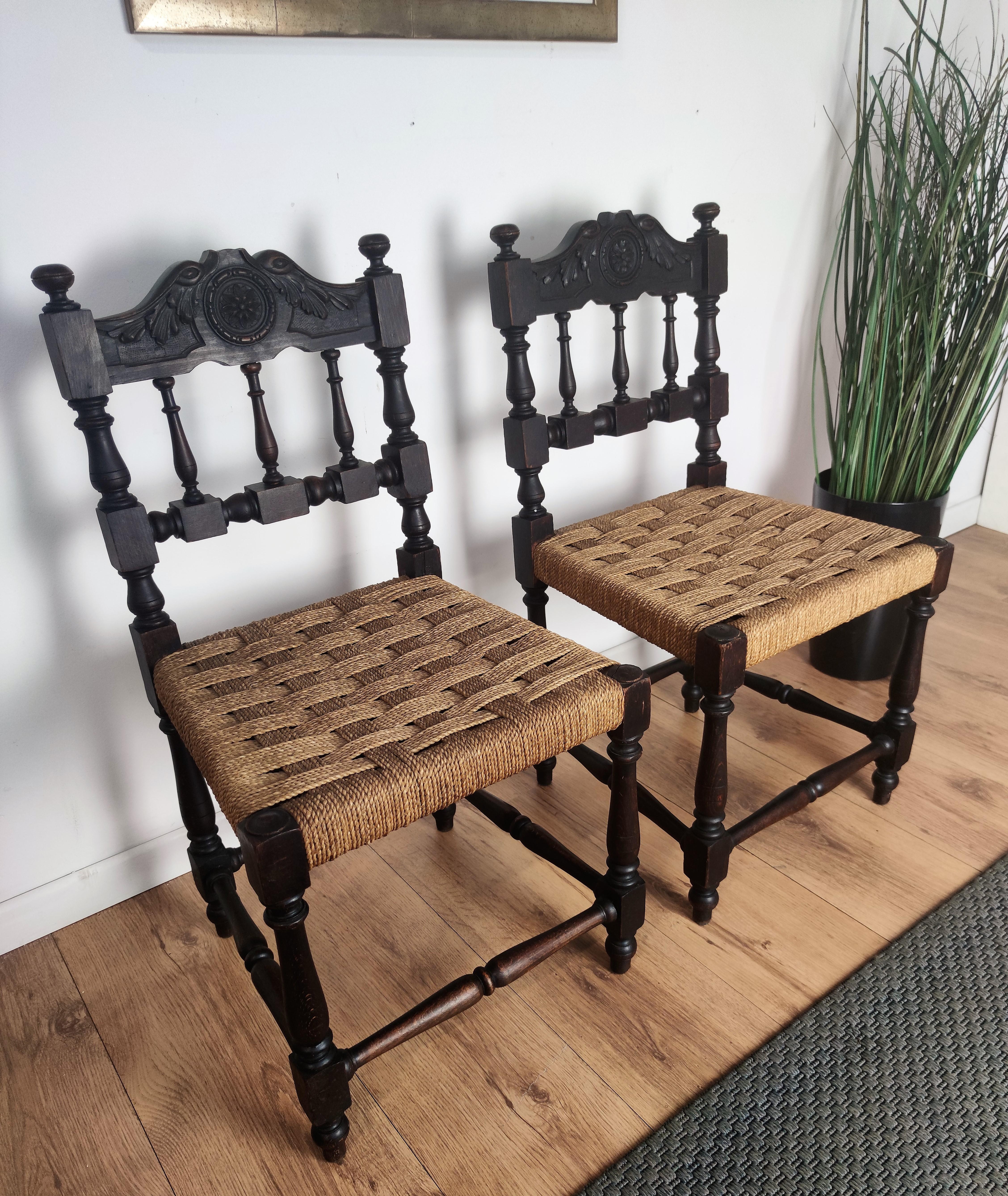 20th Century Pair of 1960s Italian Midcentury Carved Wood and Cord Woven Rope Chairs Stools For Sale
