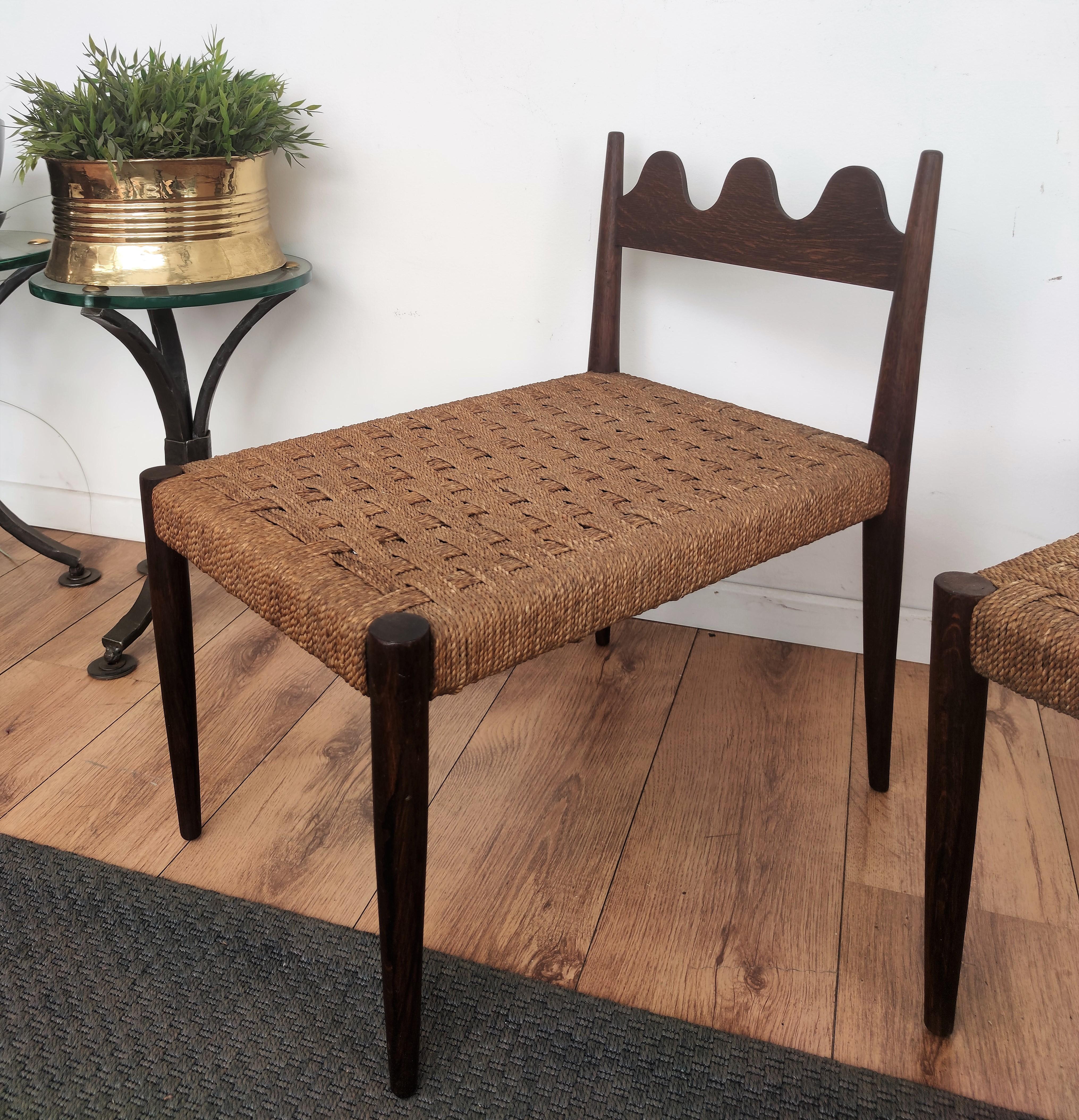 20th Century Pair of 1960s Italian Midcentury Carved Wood and Cord Woven Rope Chairs Stools