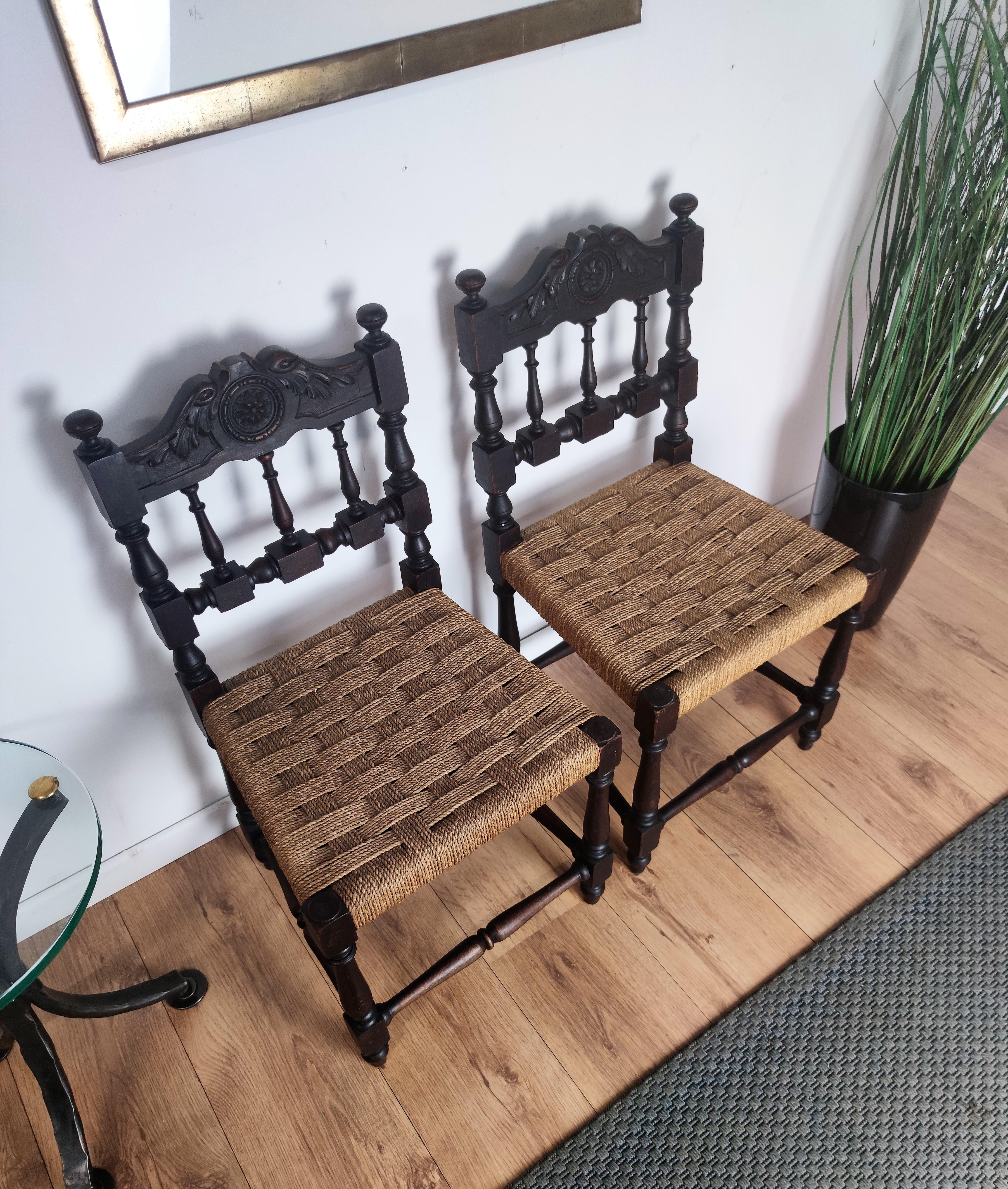 Pair of 1960s Italian Midcentury Carved Wood and Cord Woven Rope Chairs Stools For Sale 1