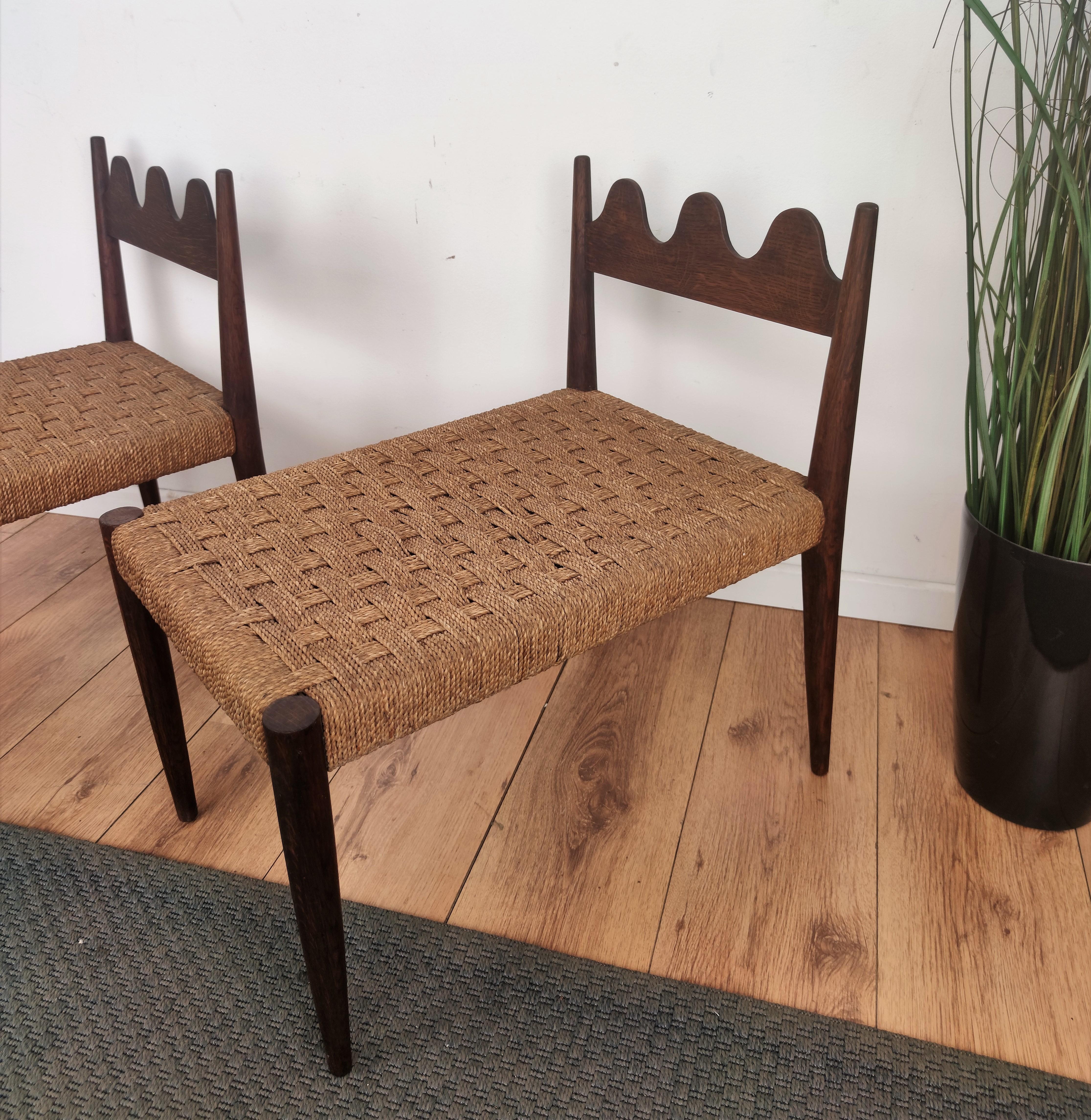 Pair of 1960s Italian Midcentury Carved Wood and Cord Woven Rope Chairs Stools 1