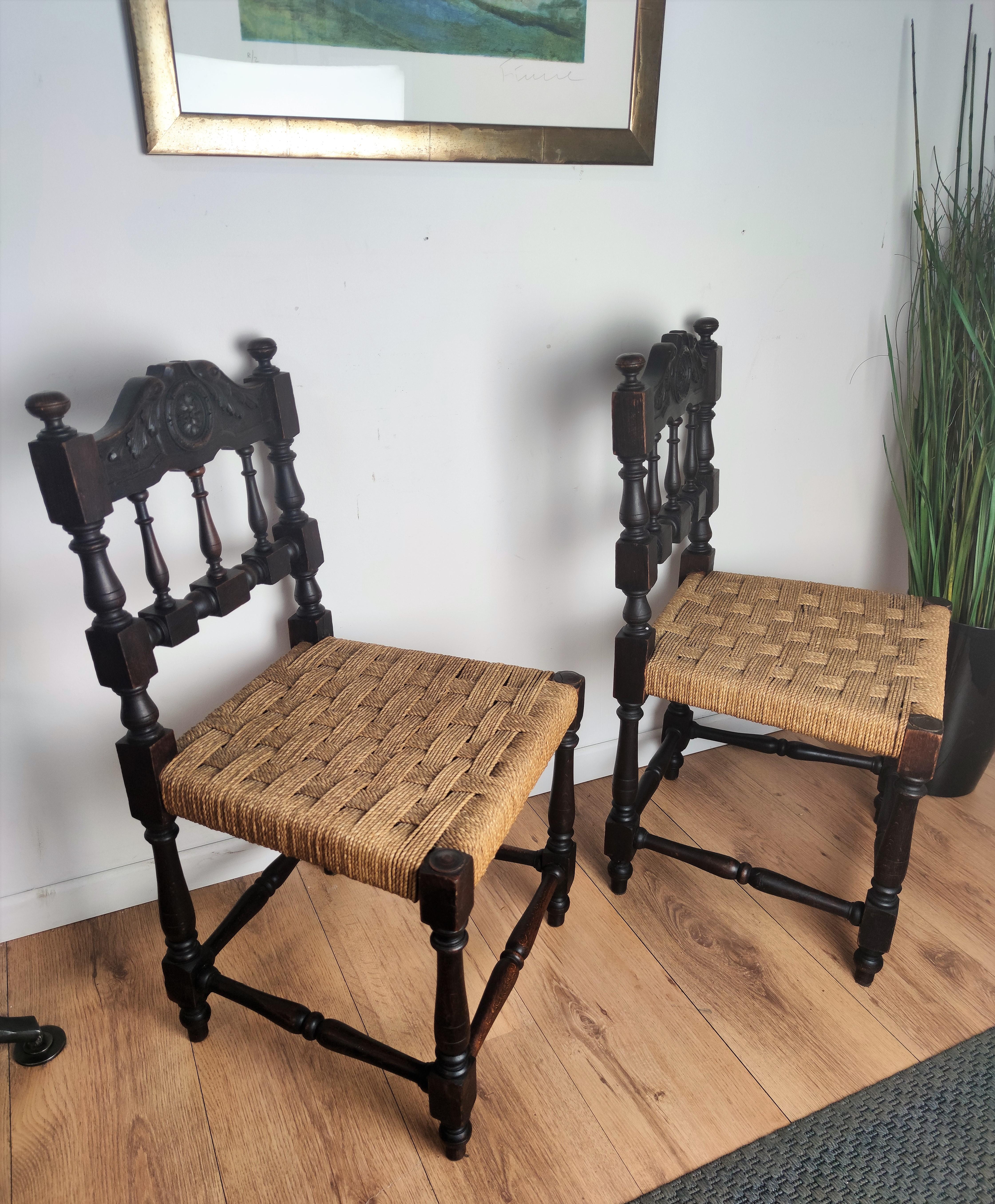 Pair of 1960s Italian Midcentury Carved Wood and Cord Woven Rope Chairs Stools For Sale 2