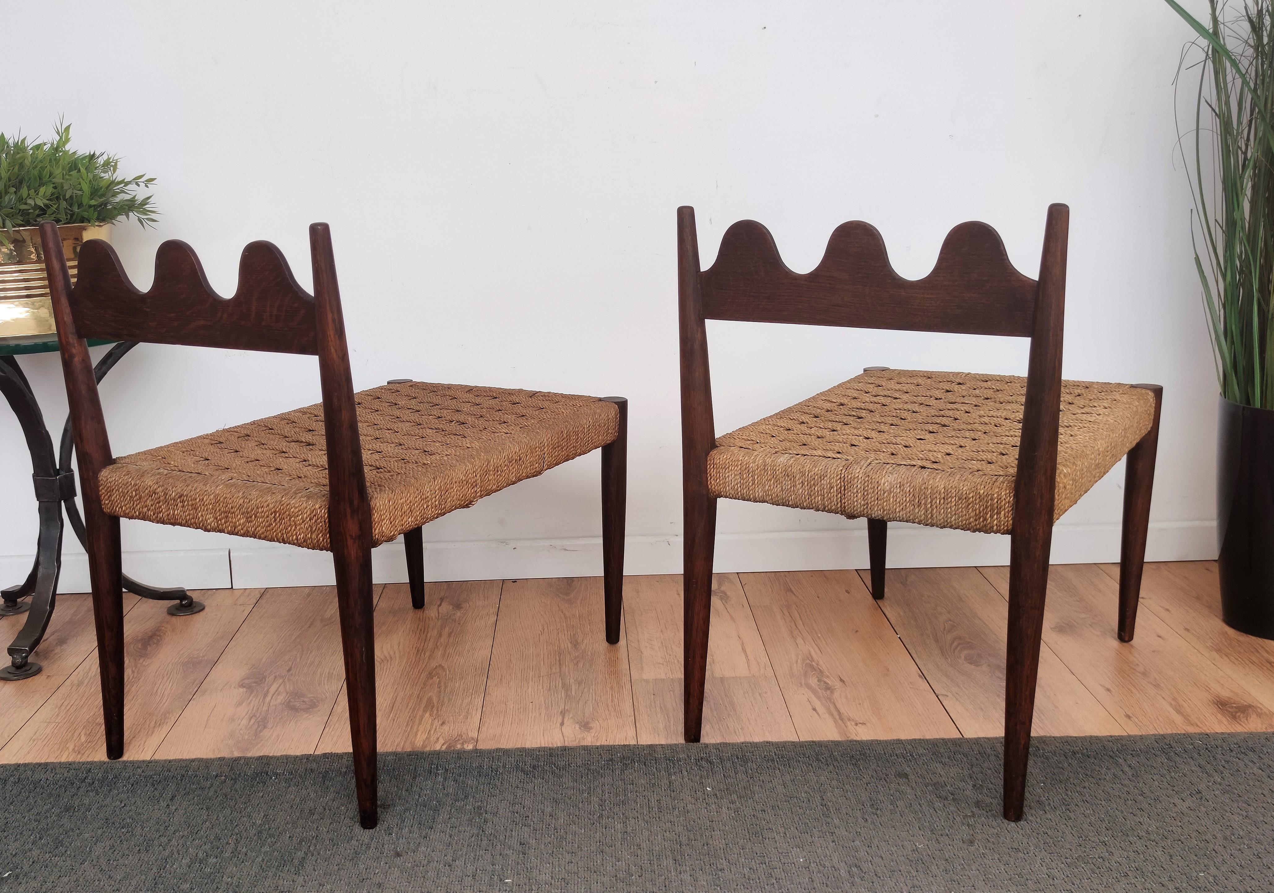 Pair of 1960s Italian Midcentury Carved Wood and Cord Woven Rope Chairs Stools 2