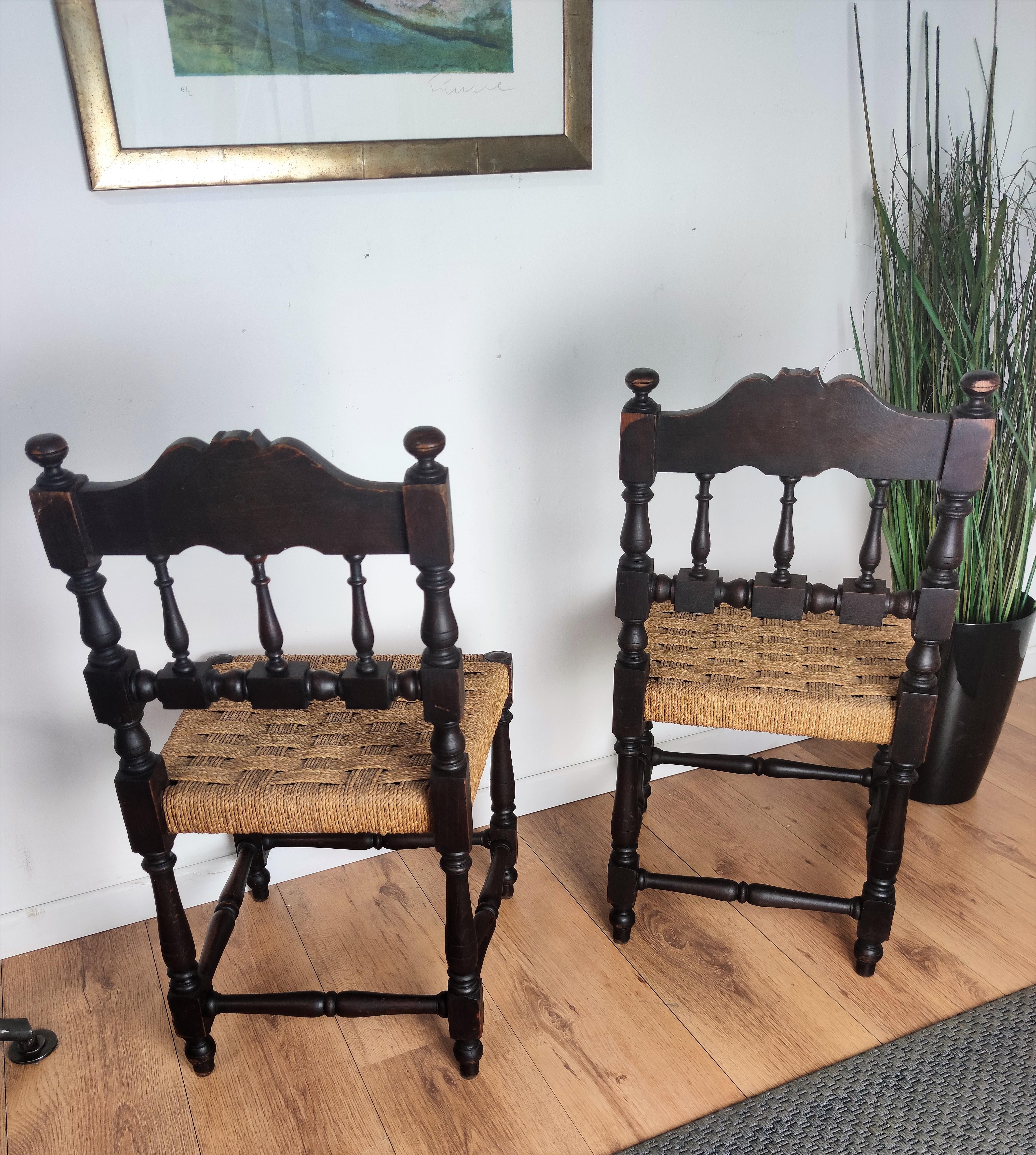 Pair of 1960s Italian Midcentury Carved Wood and Cord Woven Rope Chairs Stools For Sale 3