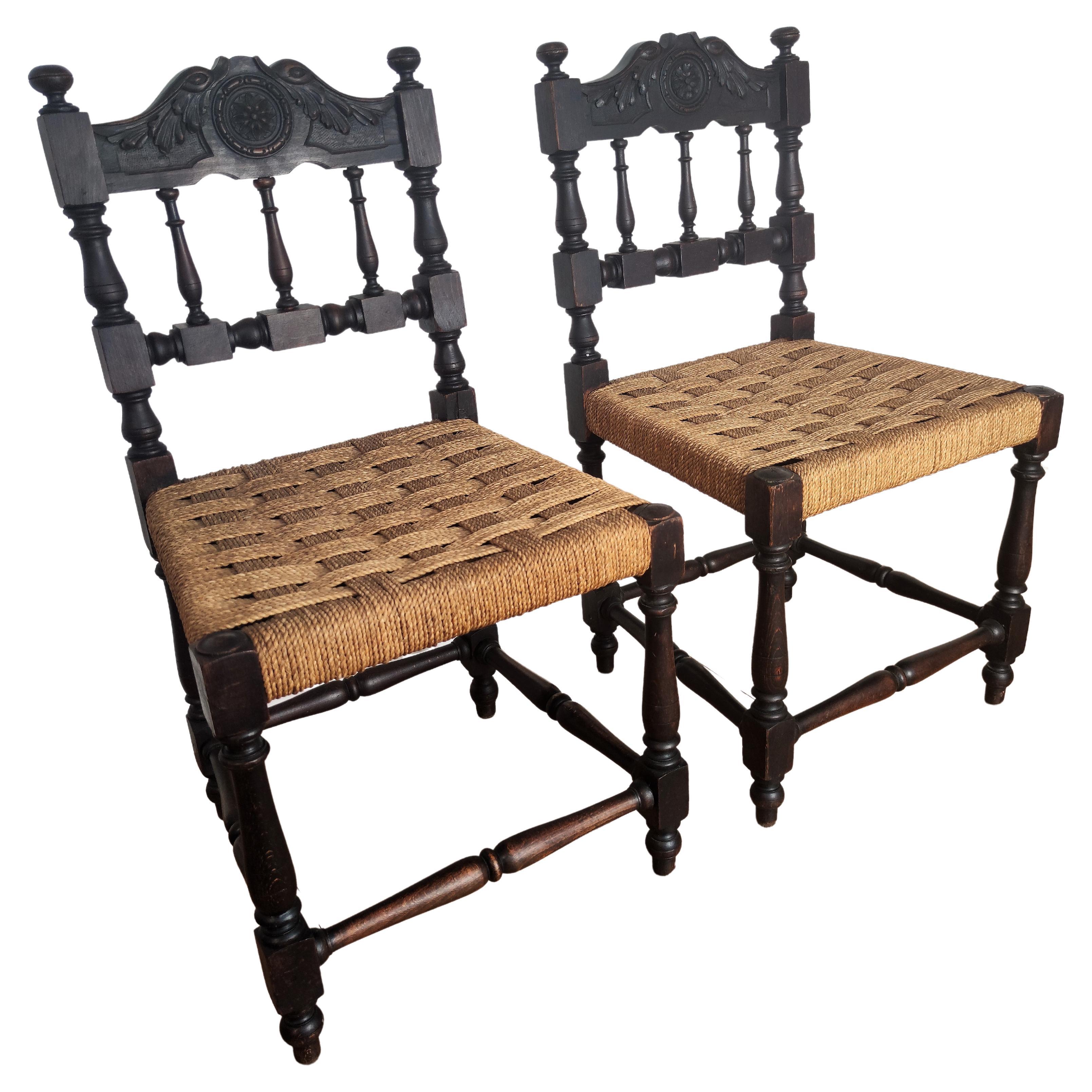 Pair of 1960s Italian Midcentury Carved Wood and Cord Woven Rope Chairs Stools For Sale
