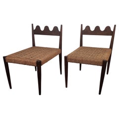 Pair of 1960s Italian Midcentury Carved Wood and Cord Woven Rope Chairs Stools