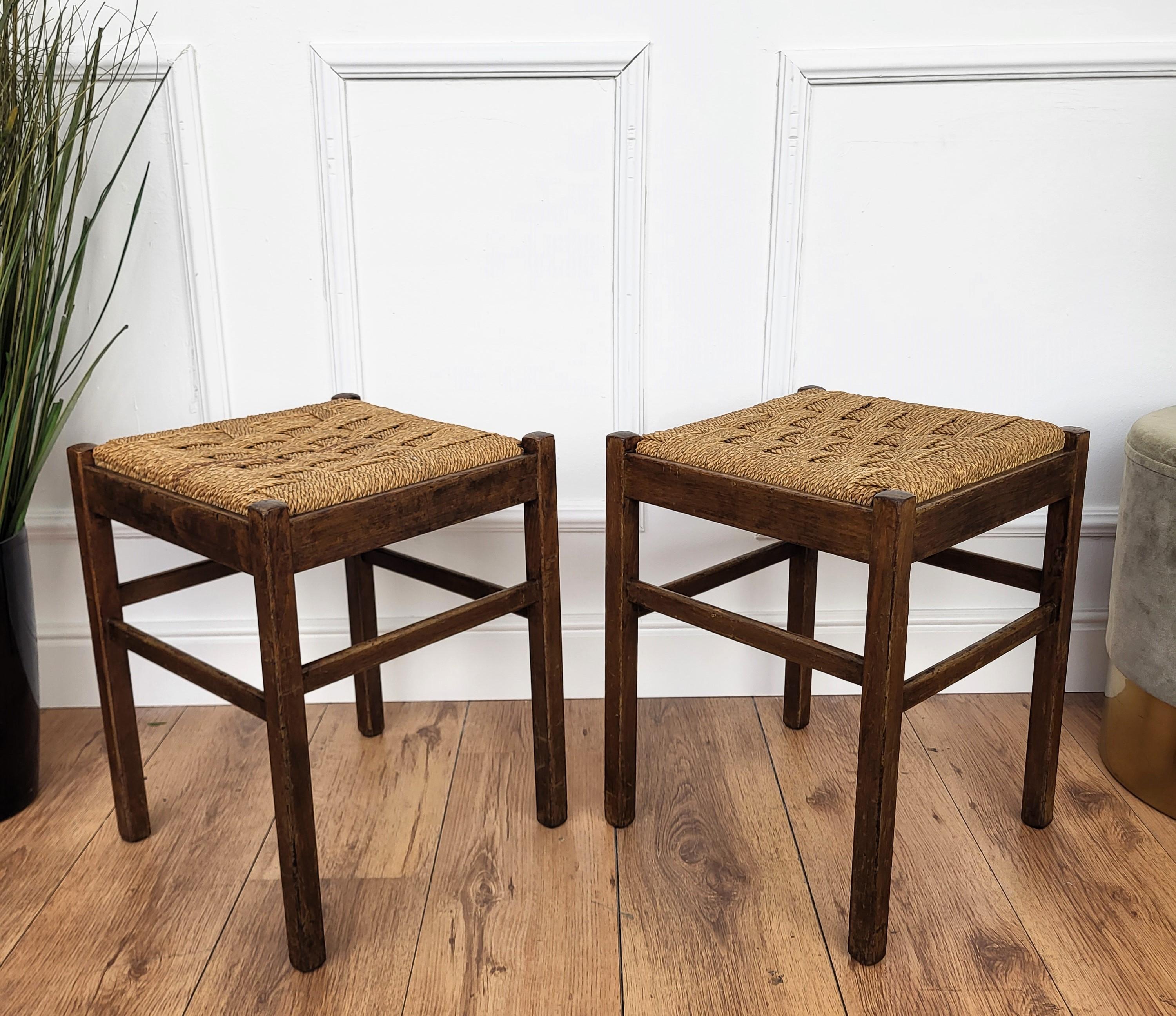 Mid-Century Modern Pair of 1960s Italian Midcentury Carved Wood and Cord Woven Rope Stools