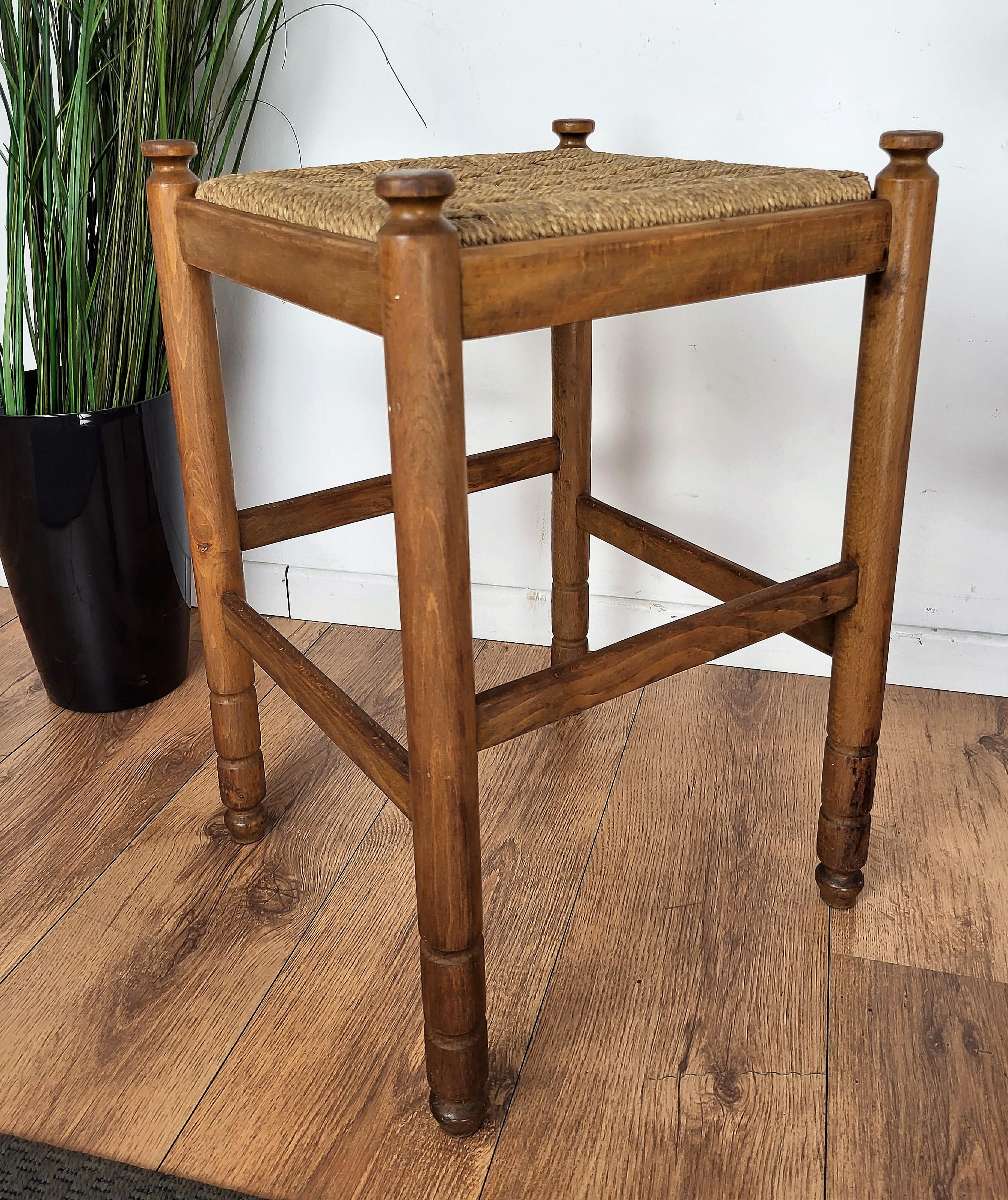 20th Century Pair of 1960s Italian Midcentury Carved Wood and Cord Woven Rope Stools For Sale
