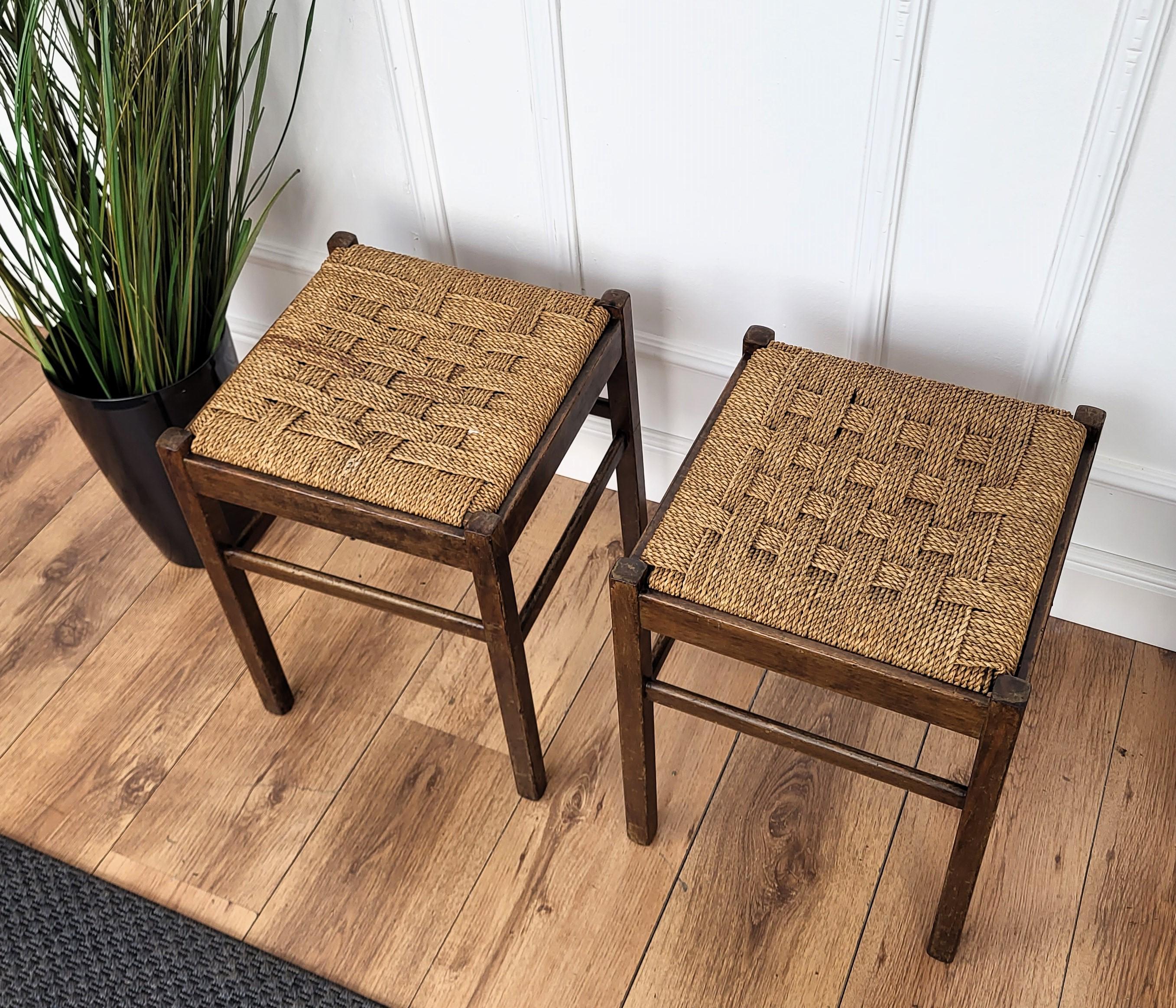 20th Century Pair of 1960s Italian Midcentury Carved Wood and Cord Woven Rope Stools