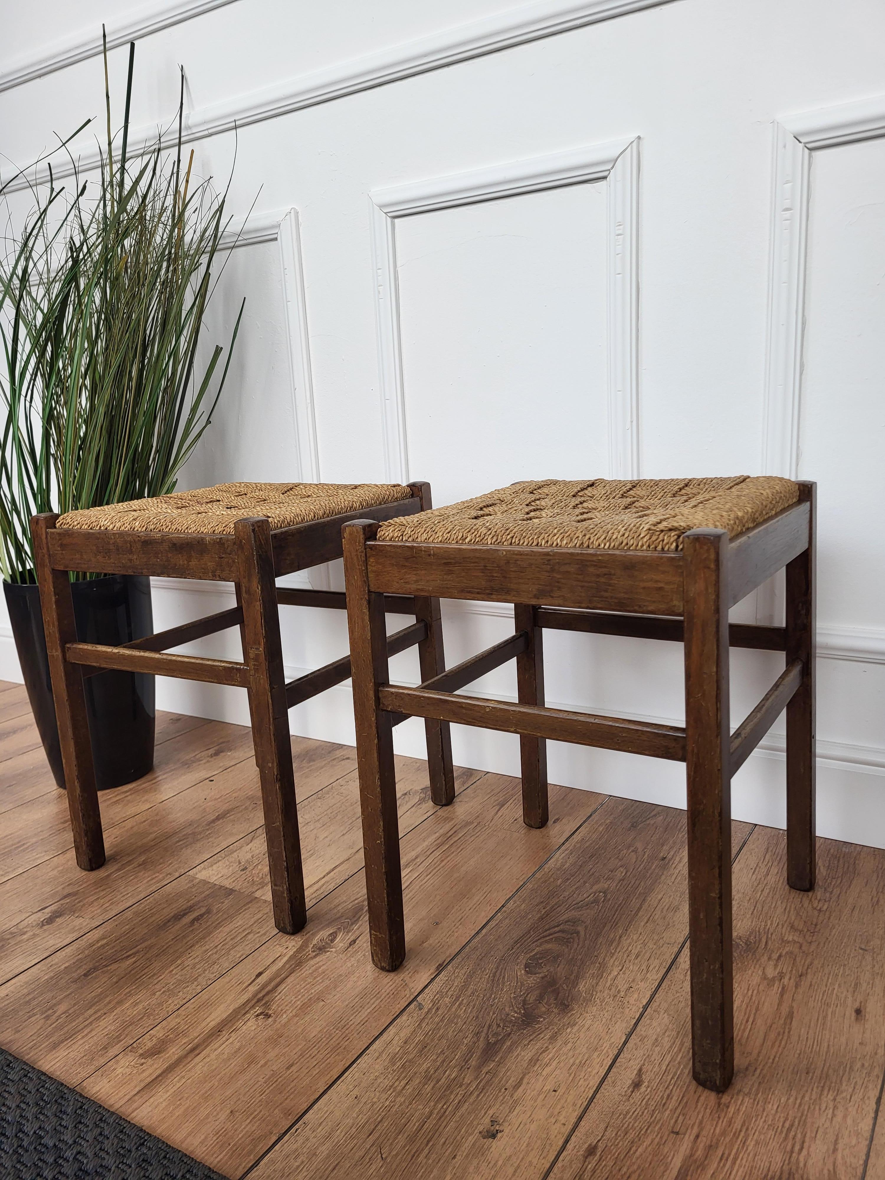 Pair of 1960s Italian Midcentury Carved Wood and Cord Woven Rope Stools 1
