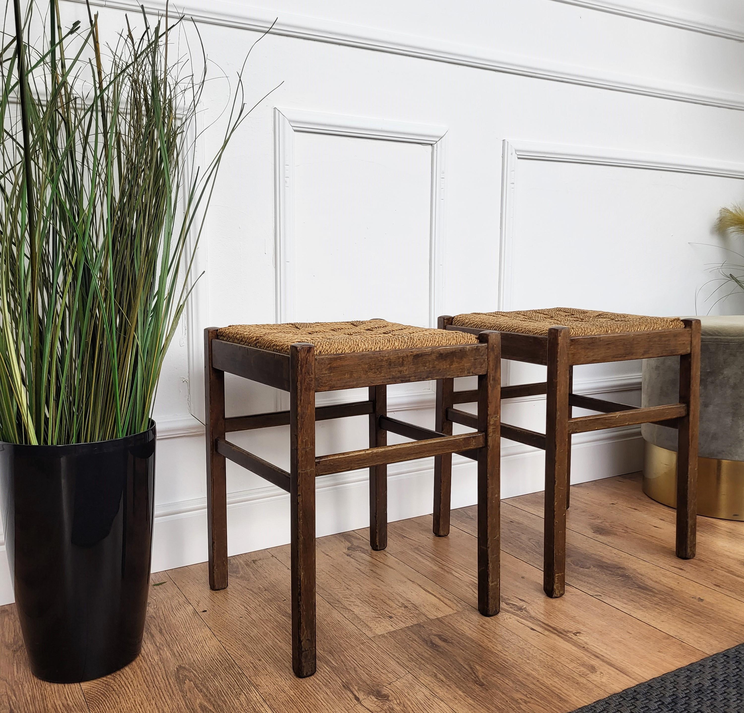 Pair of 1960s Italian Midcentury Carved Wood and Cord Woven Rope Stools 2