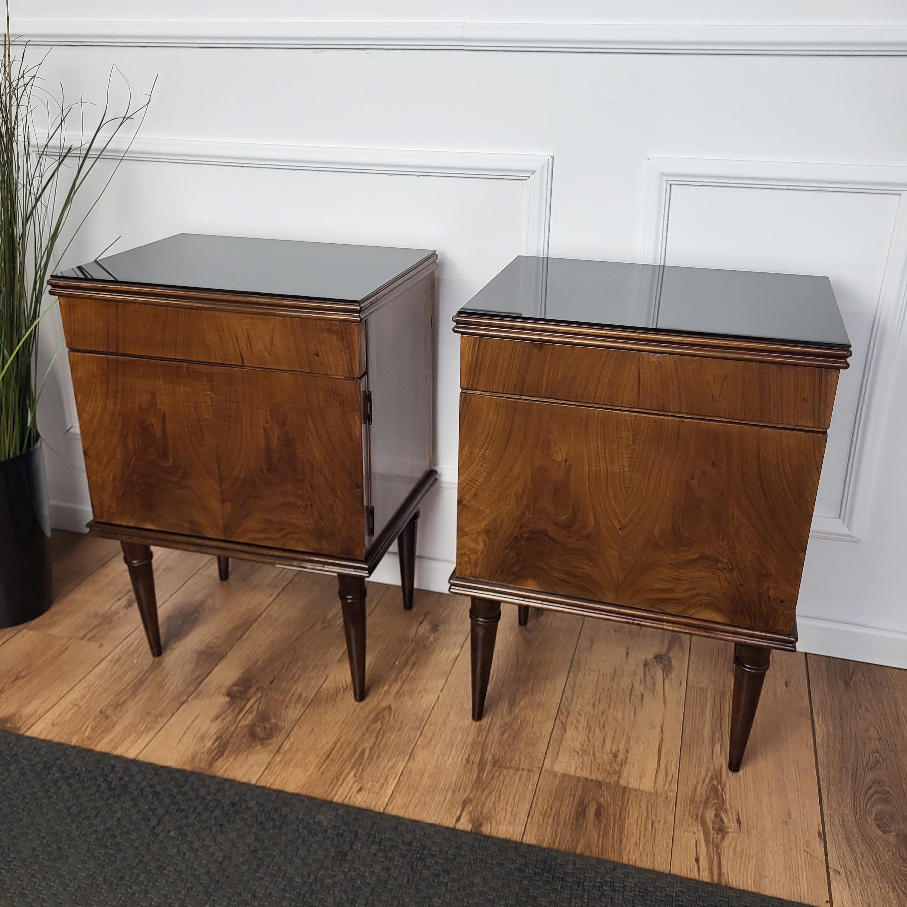 Mid-Century Modern Pair of 1960s Italian Midcentury Nightstands Bed Side Tables in Wood Glass Top For Sale
