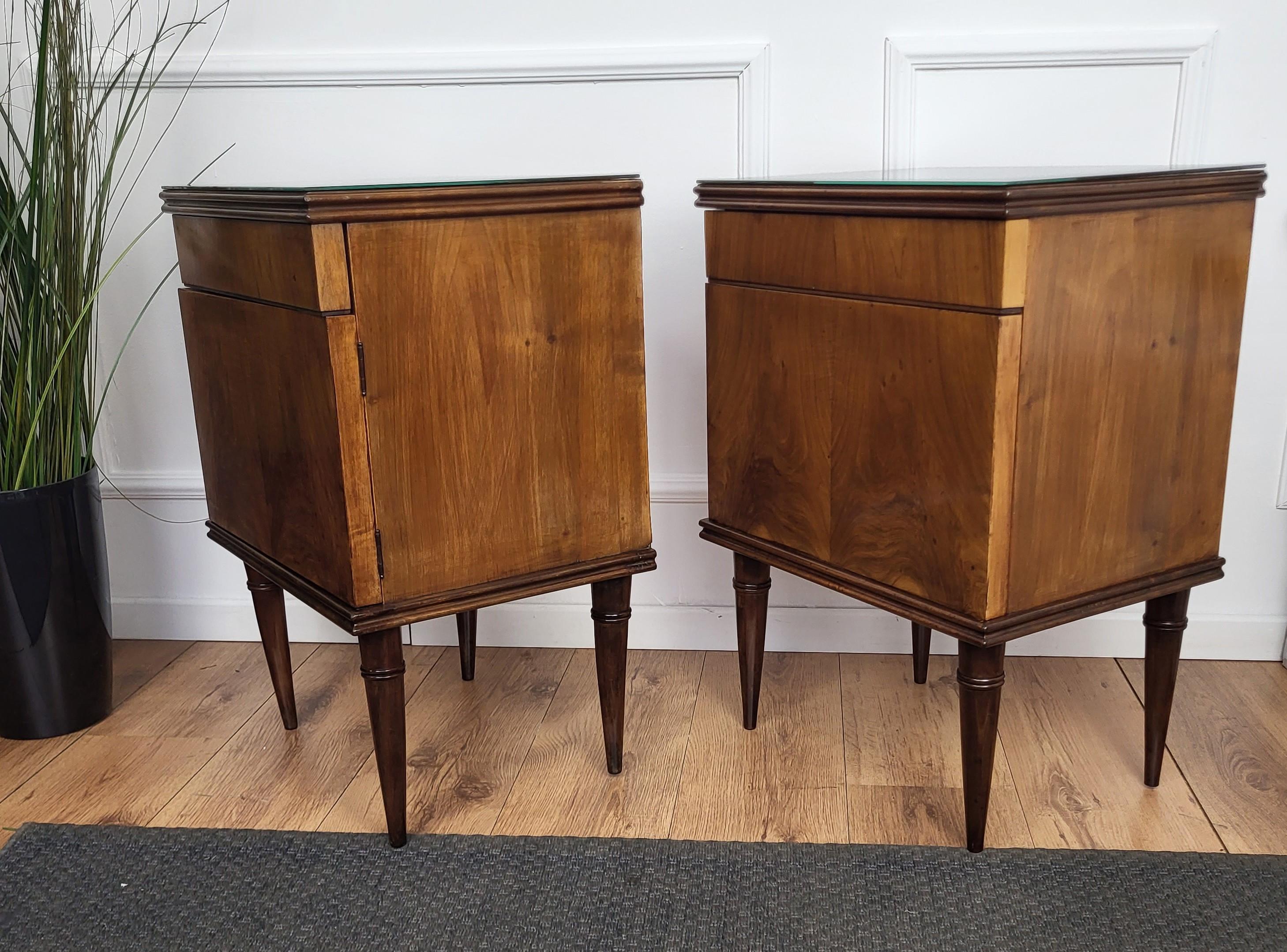 20th Century Pair of 1960s Italian Midcentury Nightstands Bed Side Tables in Wood Glass Top For Sale
