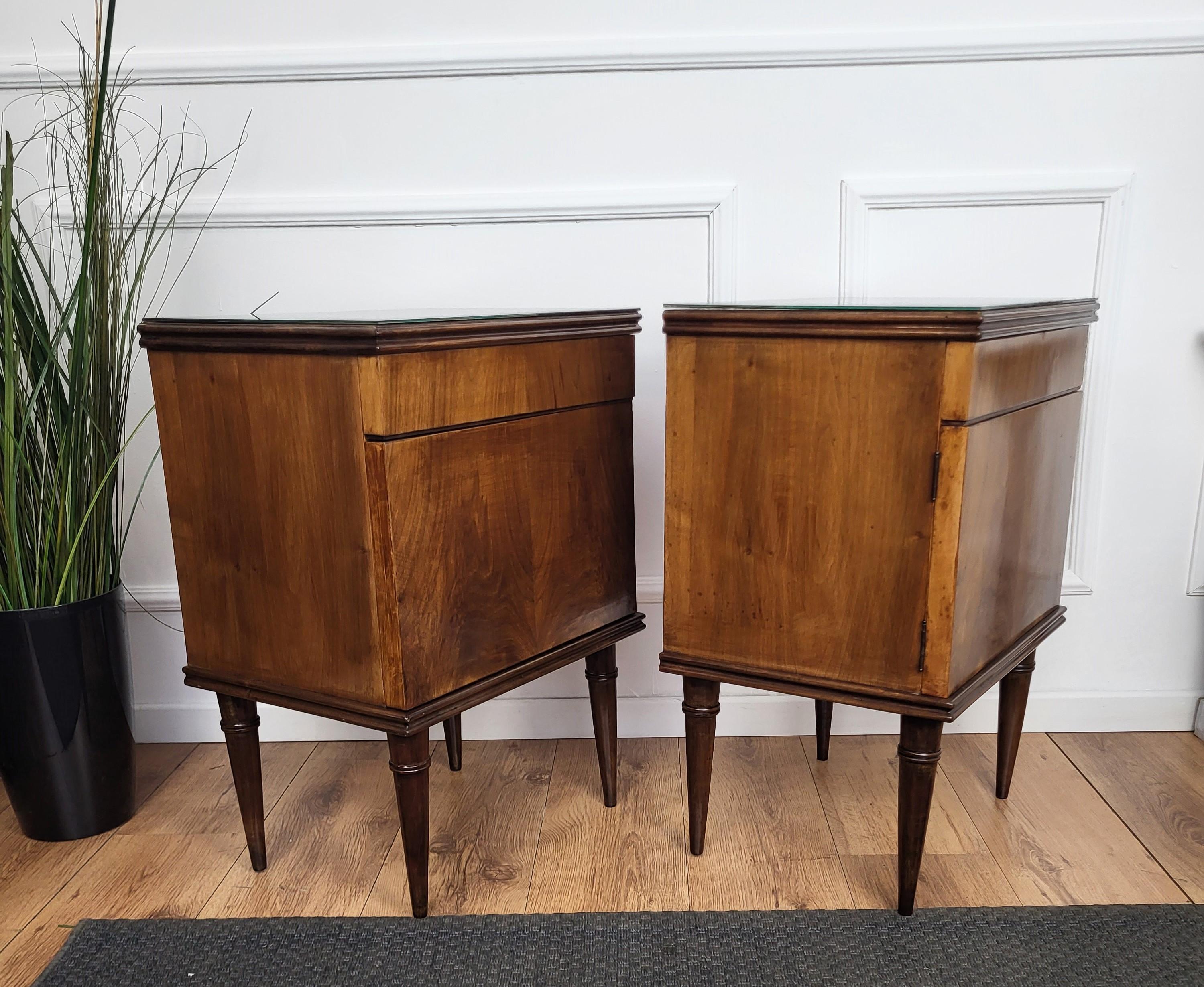 Brass Pair of 1960s Italian Midcentury Nightstands Bed Side Tables in Wood Glass Top For Sale