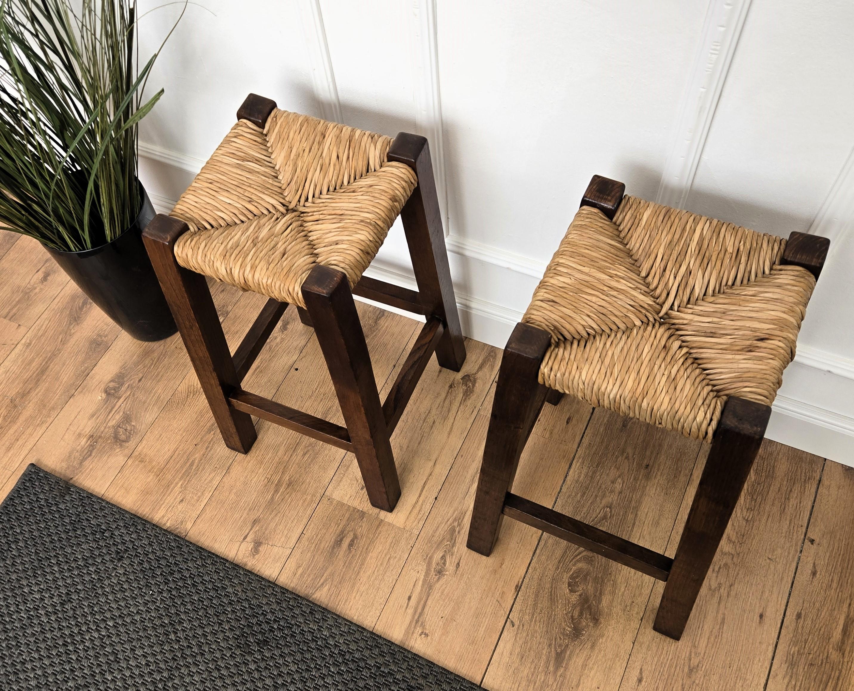 Mid-Century Modern Pair of 1960s Italian Midcentury Wood and Cord Woven Rope Stools For Sale