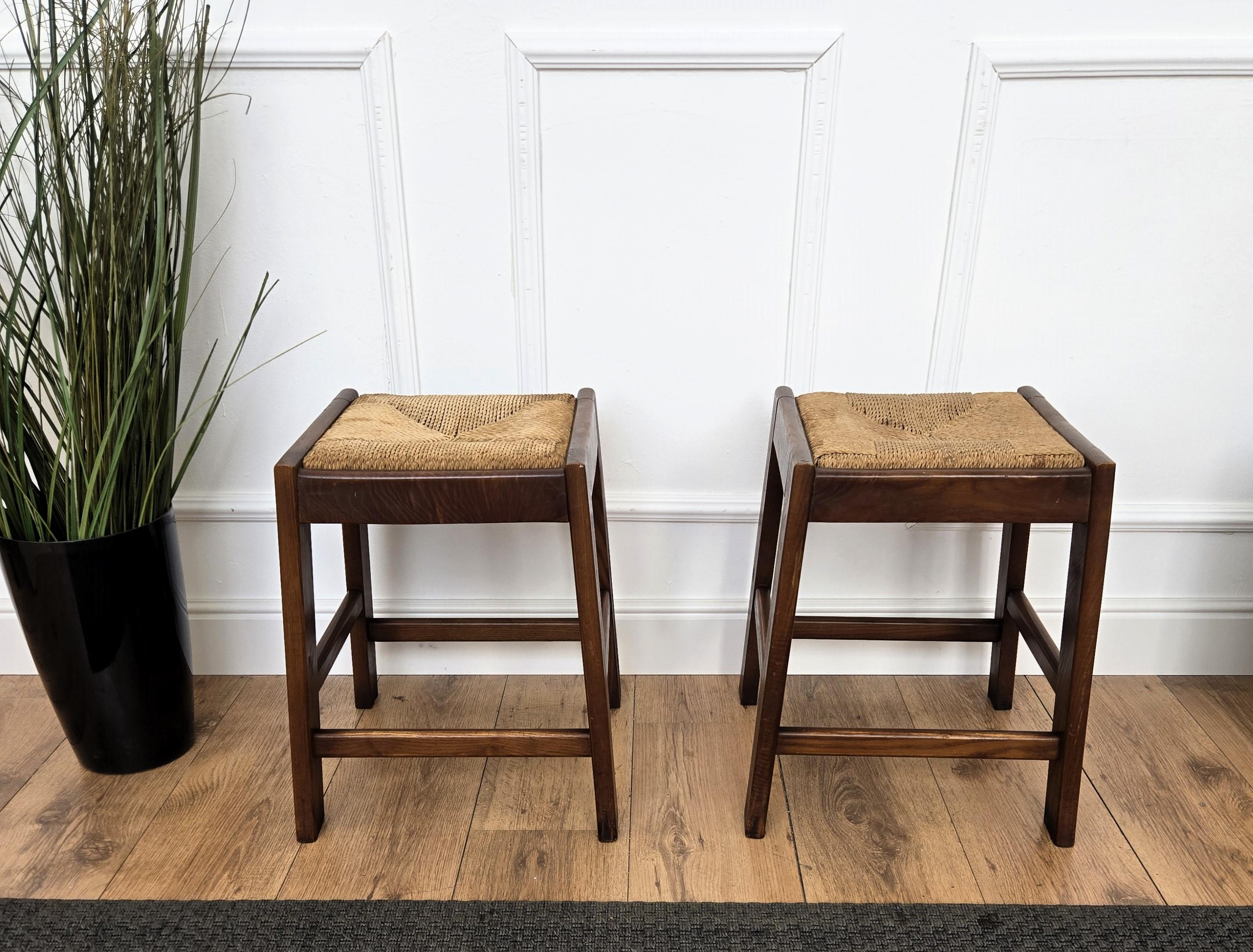 Mid-Century Modern Pair of 1960s Italian Midcentury Wood and Cord Woven Rope Stools For Sale