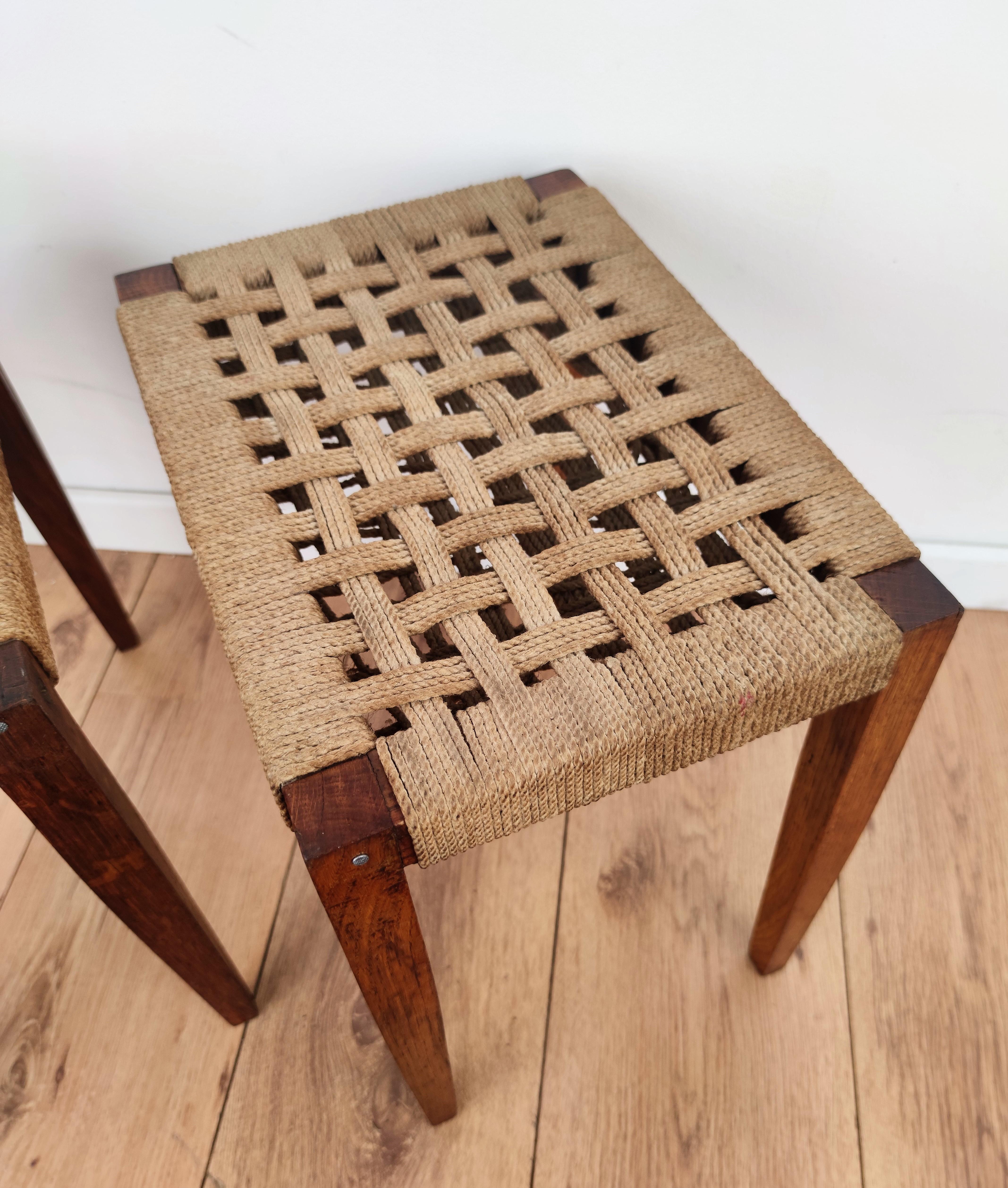 20th Century Pair of 1960s Italian Midcentury Wood and Cord Woven Rope Stools