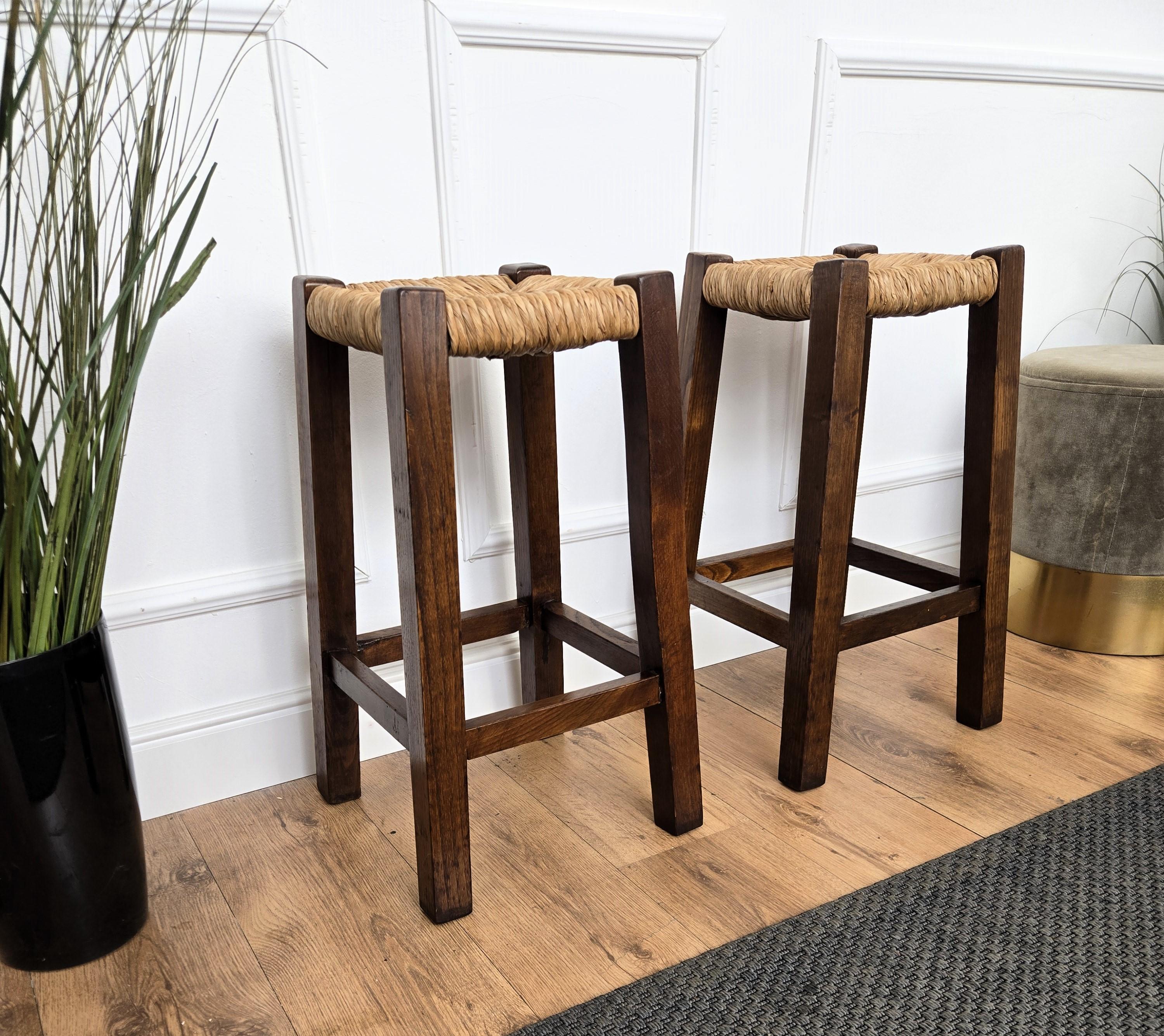 20th Century Pair of 1960s Italian Midcentury Wood and Cord Woven Rope Stools For Sale