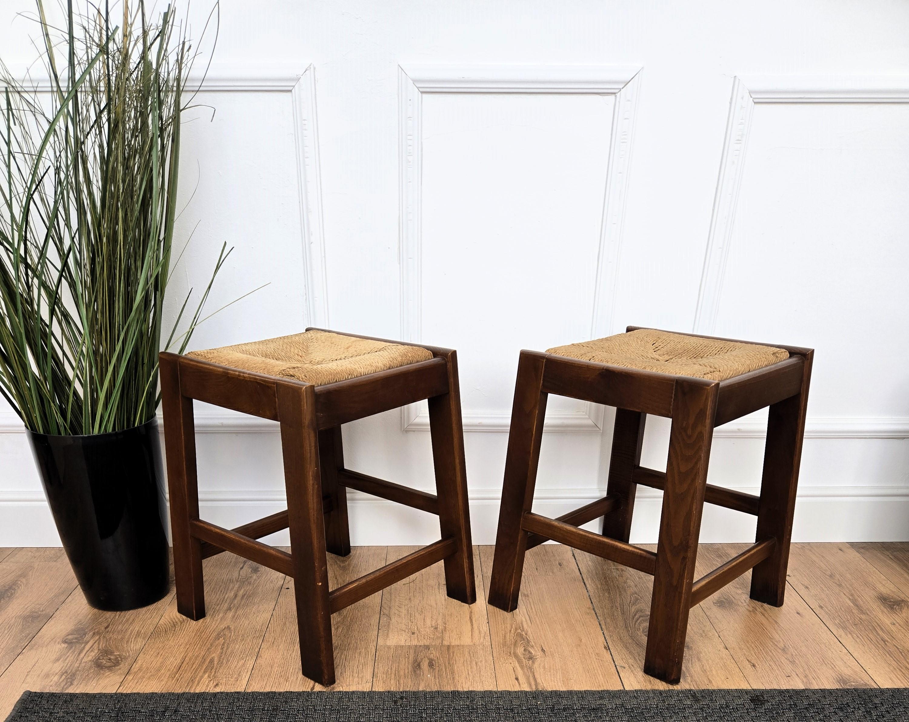 20th Century Pair of 1960s Italian Midcentury Wood and Cord Woven Rope Stools For Sale