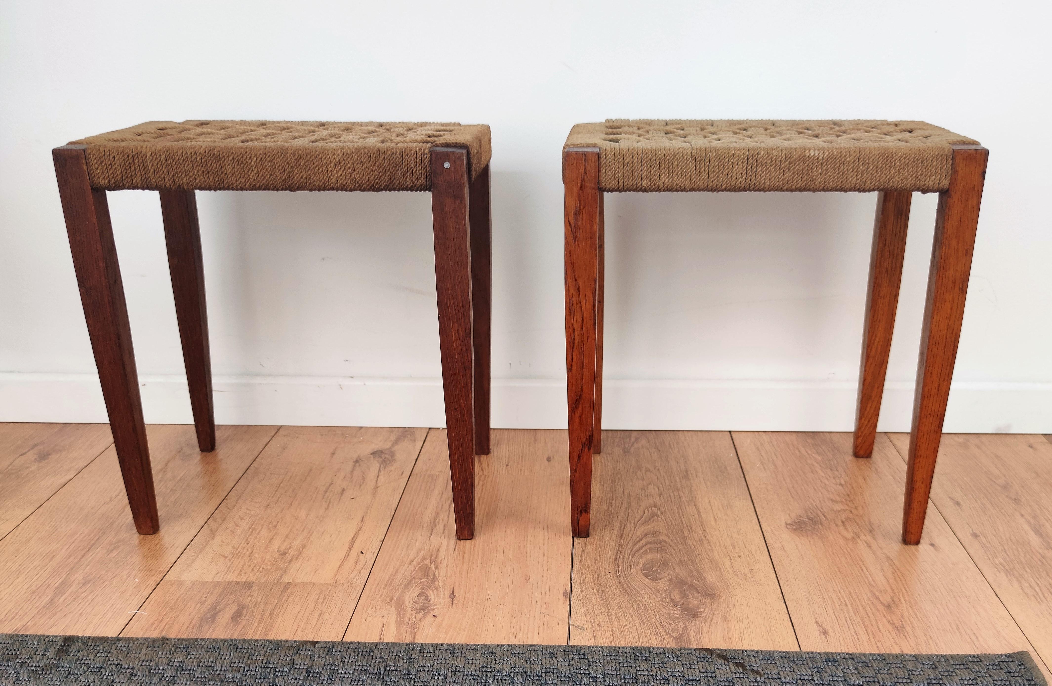 Pair of 1960s Italian Midcentury Wood and Cord Woven Rope Stools 1