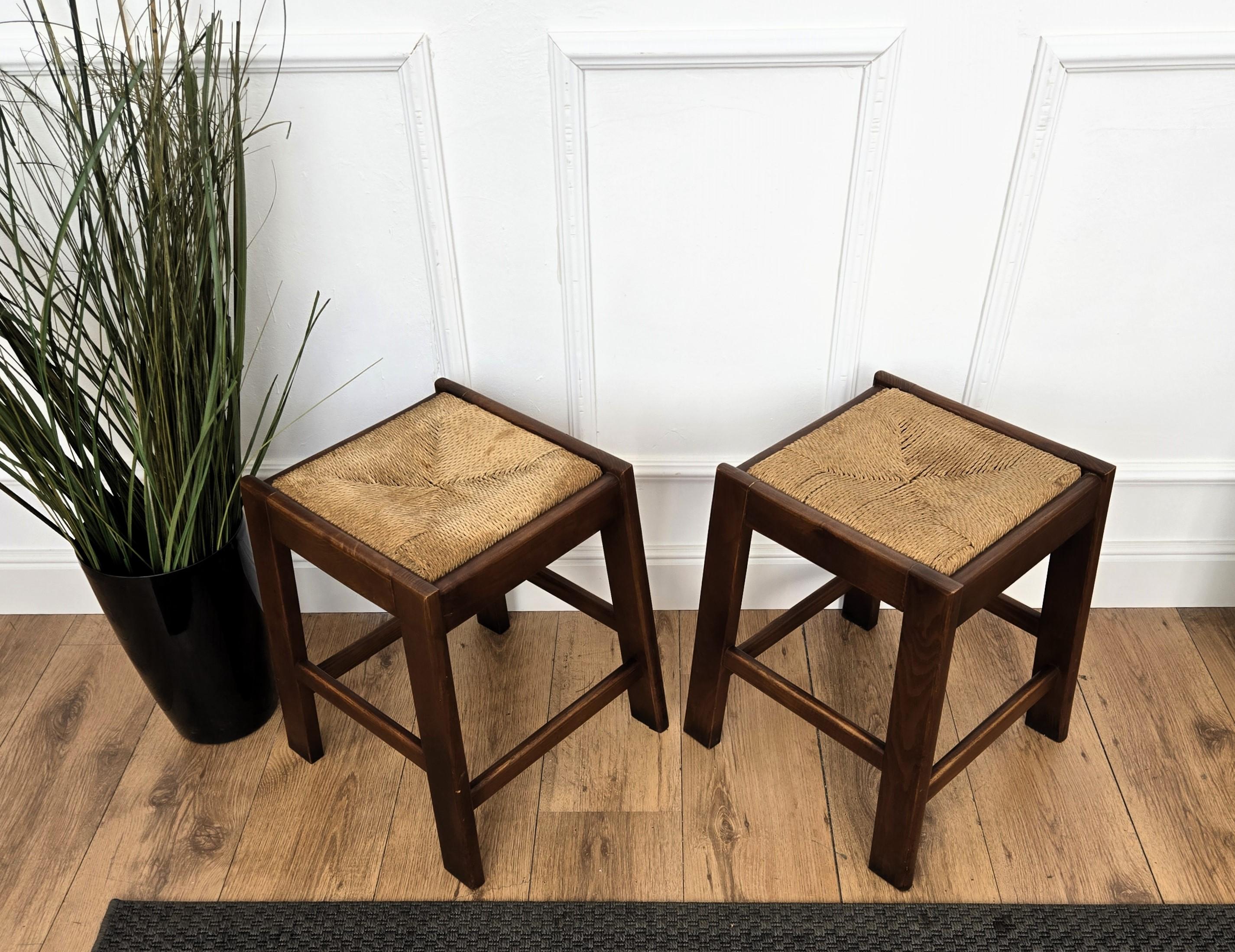 Pair of 1960s Italian Midcentury Wood and Cord Woven Rope Stools For Sale 1