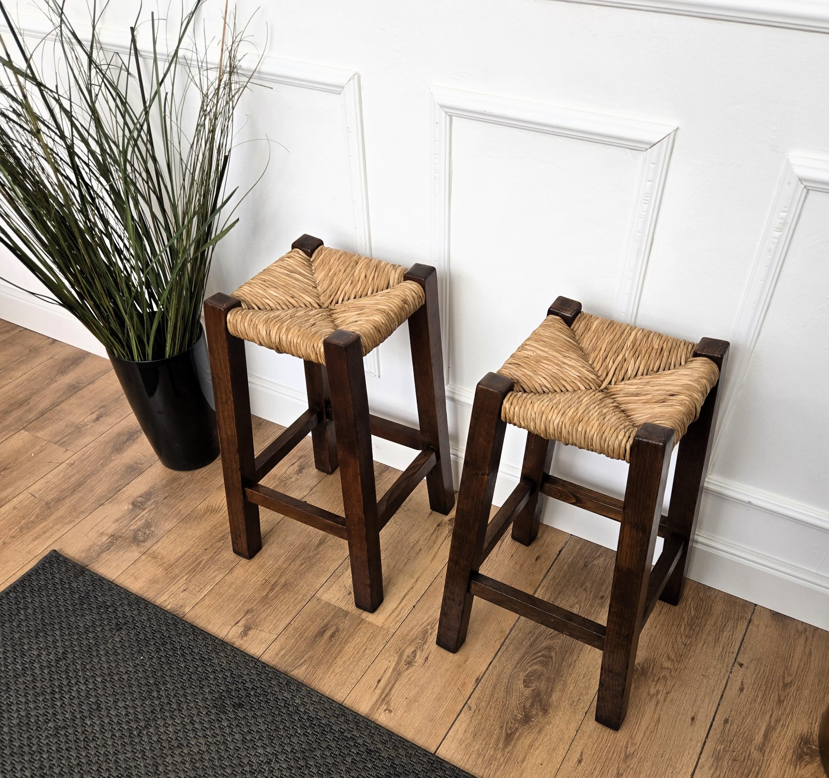 Pair of 1960s Italian Midcentury Wood and Cord Woven Rope Stools For Sale 2
