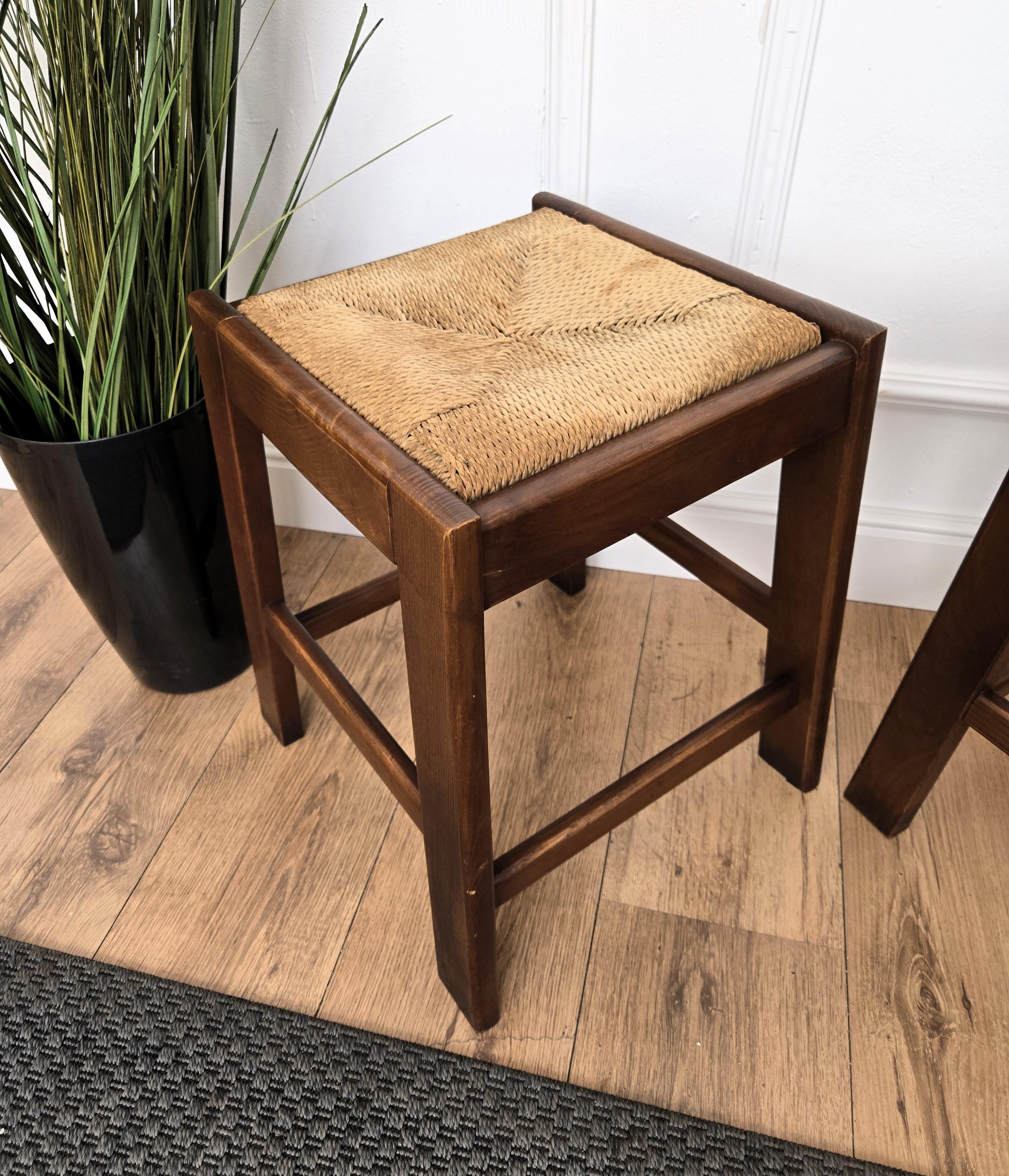 Pair of 1960s Italian Midcentury Wood and Cord Woven Rope Stools For Sale 2
