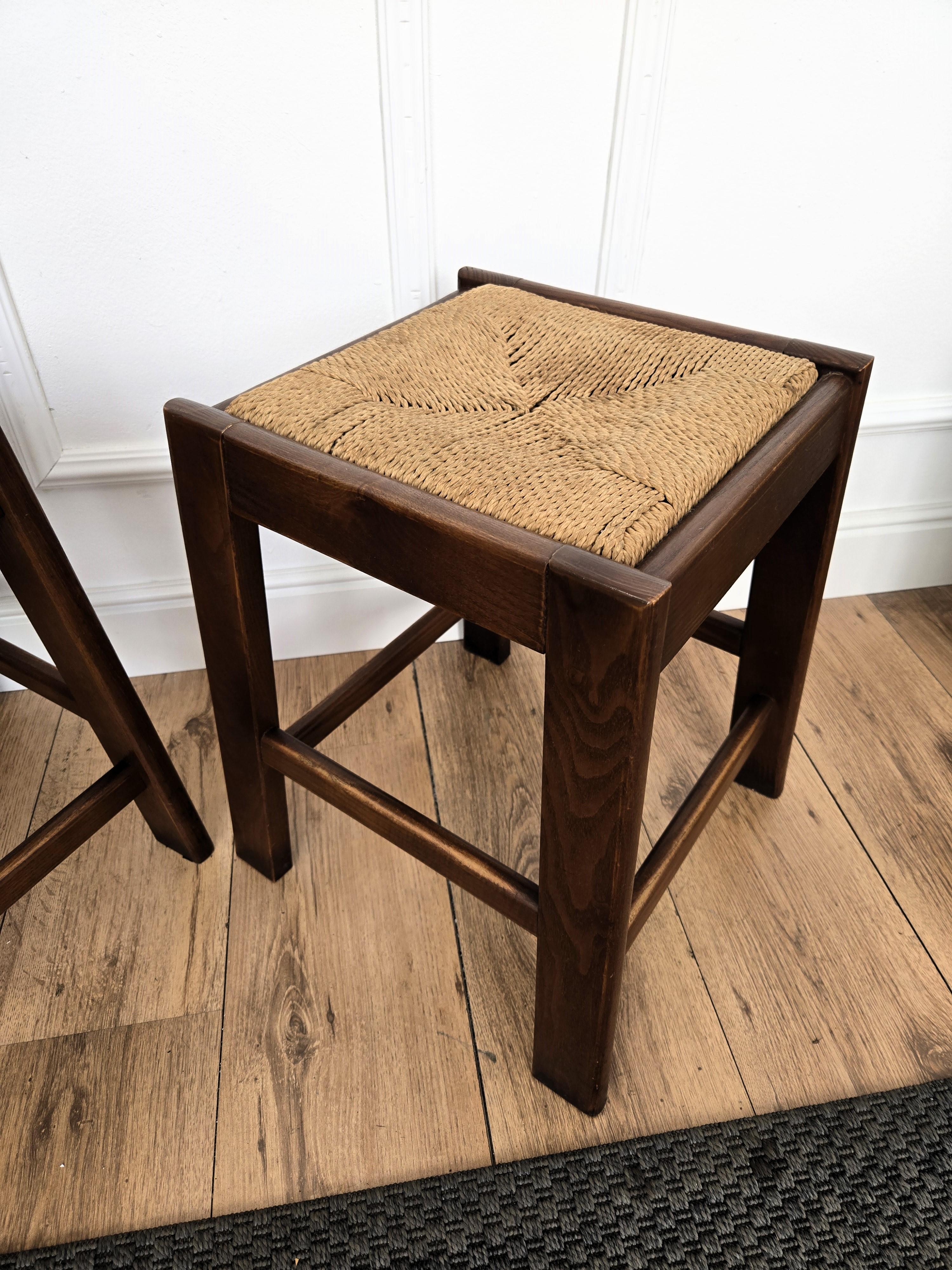 Pair of 1960s Italian Midcentury Wood and Cord Woven Rope Stools For Sale 3