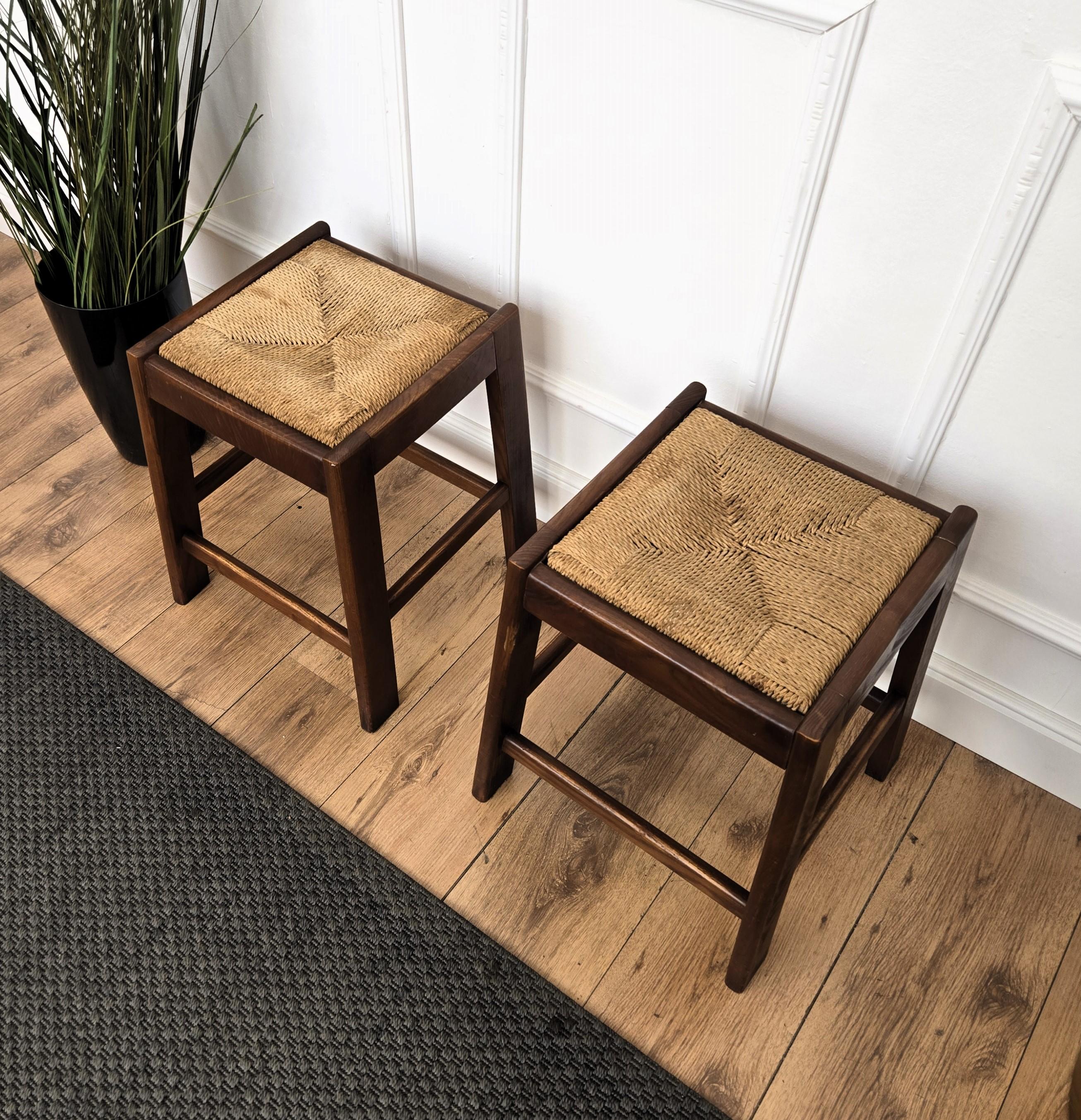 Pair of 1960s Italian Midcentury Wood and Cord Woven Rope Stools For Sale 4