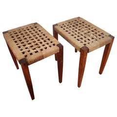 Pair of 1960s Italian Midcentury Wood and Cord Woven Rope Stools