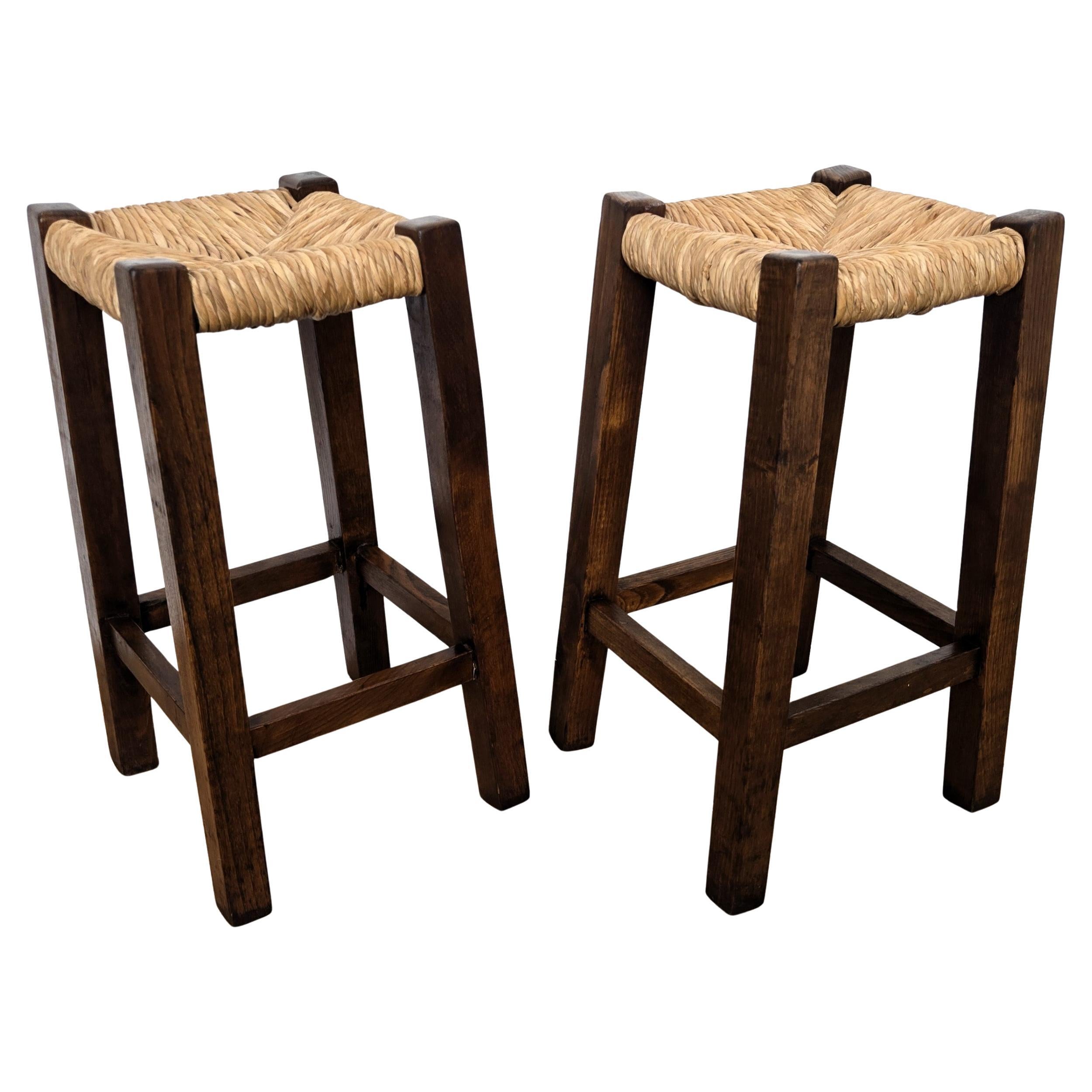 Pair of 1960s Italian Midcentury Wood and Cord Woven Rope Stools