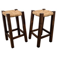 Pair of 1960s Italian Midcentury Wood and Cord Woven Rope Stools