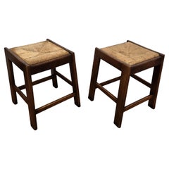 Pair of 1960s Italian Midcentury Wood and Cord Woven Rope Stools