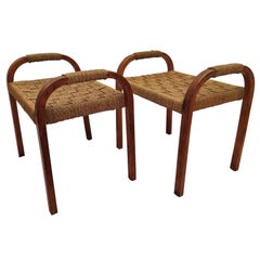 Pair of 1960s Italian Midcentury Wood and Cord Woven Rope Stools or Side Tables