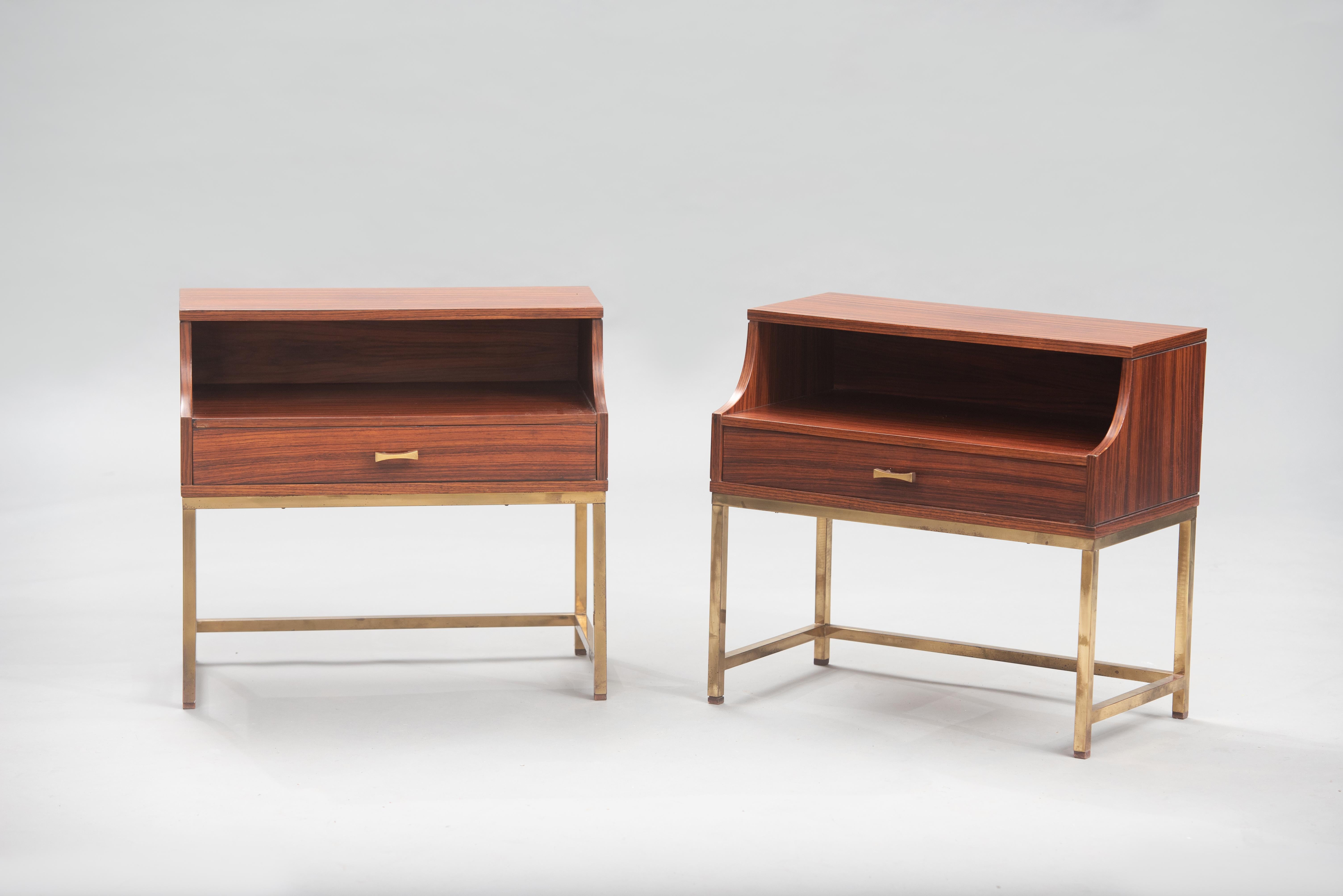 Set of two 1960s Italian Rosewood night stands, with brass legs and drawers handles.