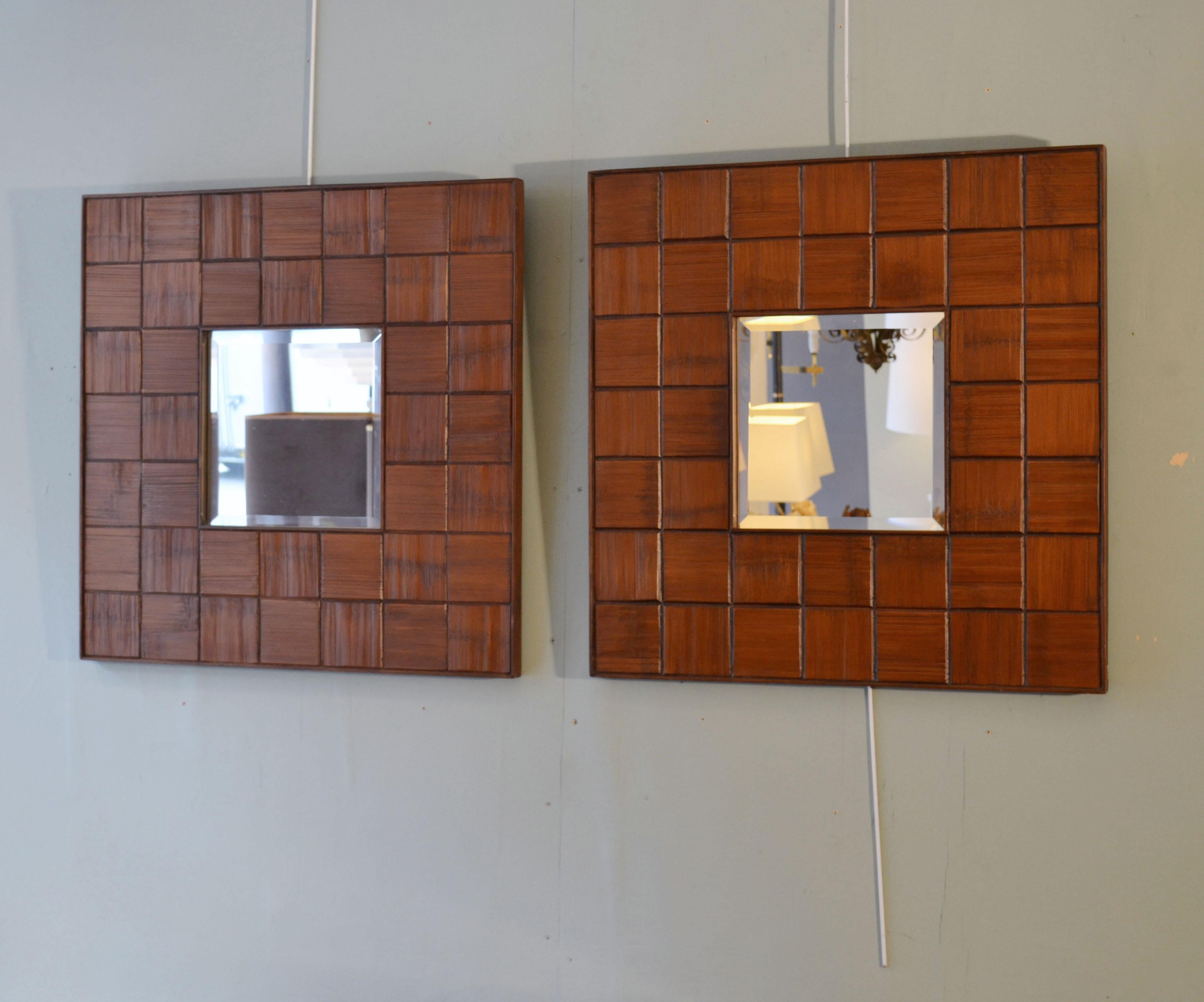 Pair of Square Walnut Relief Mirrors, 1960s, Italiy For Sale 3